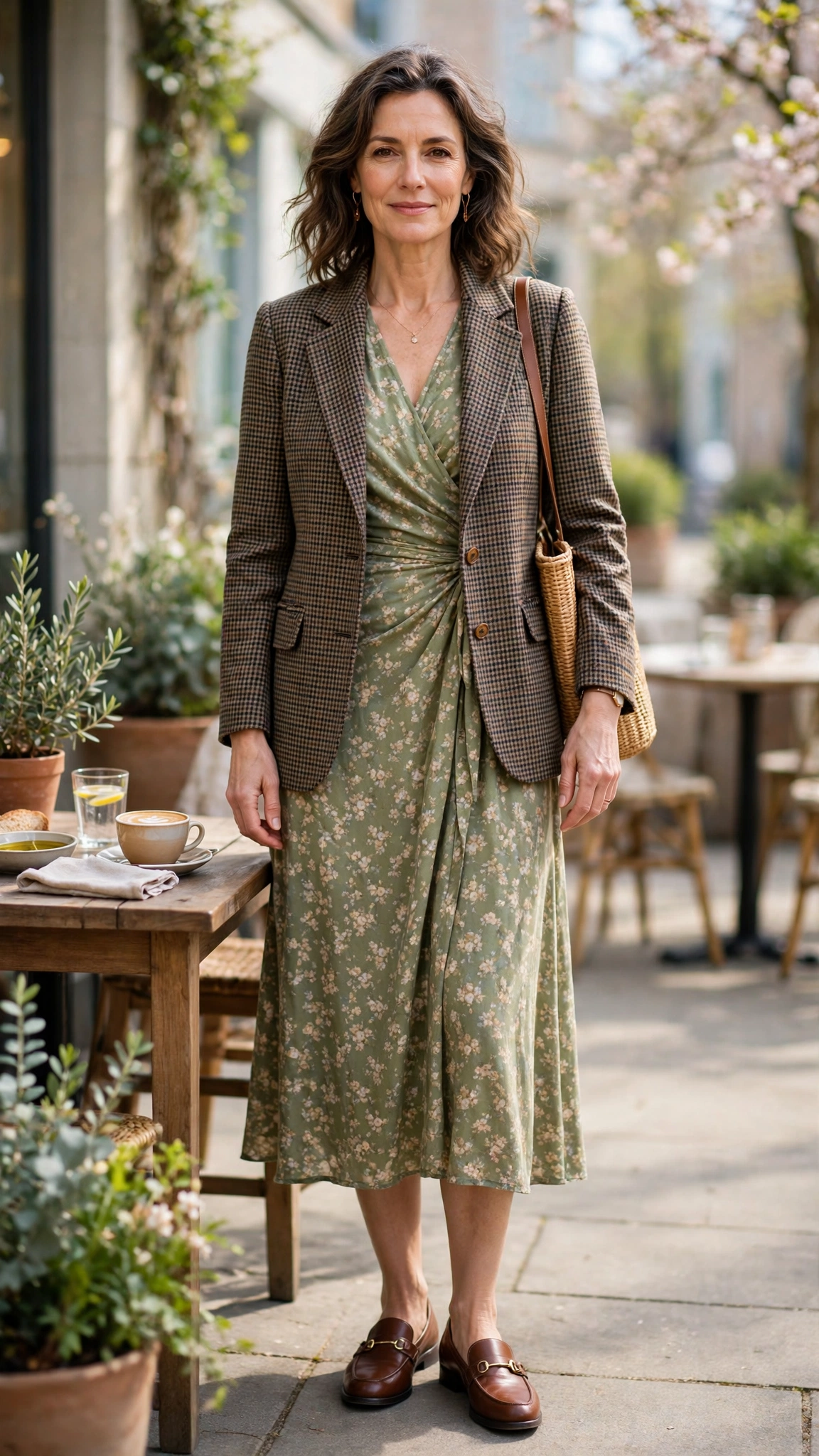 Checked professor jacket with a wrap midi dress