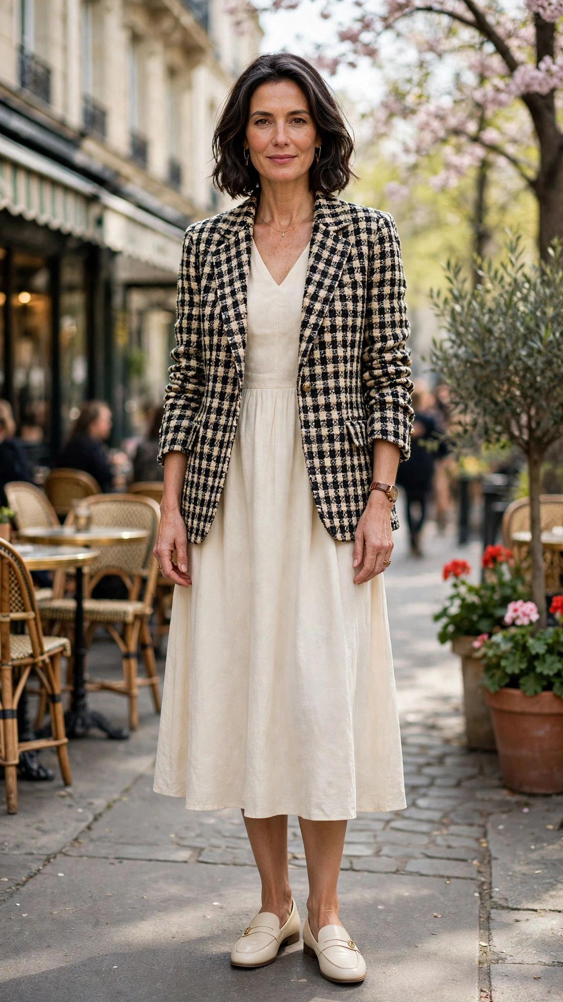 Tweed check blazer with a cream midi dress