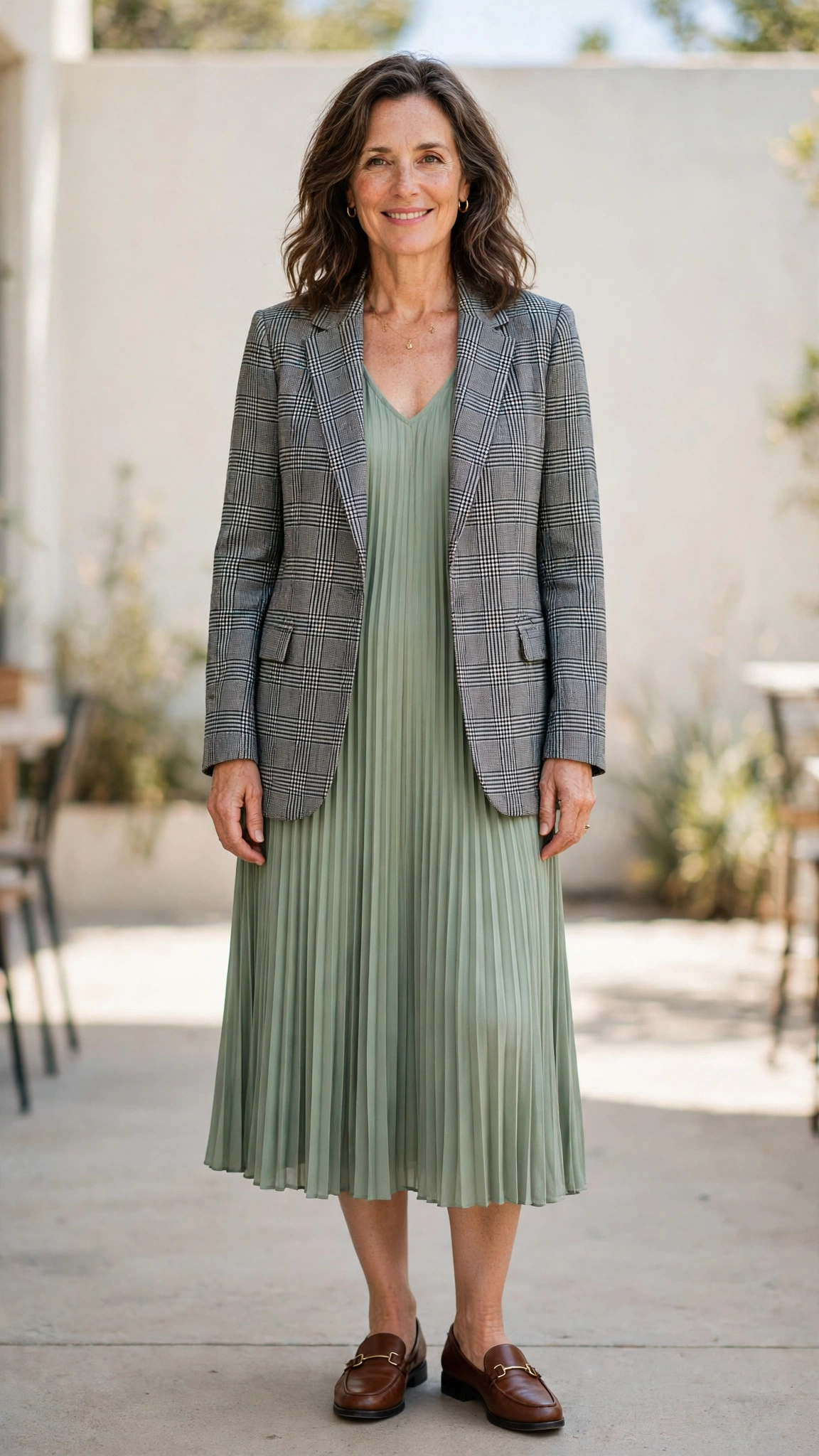 Windowpane check blazer with a pleated midi dress