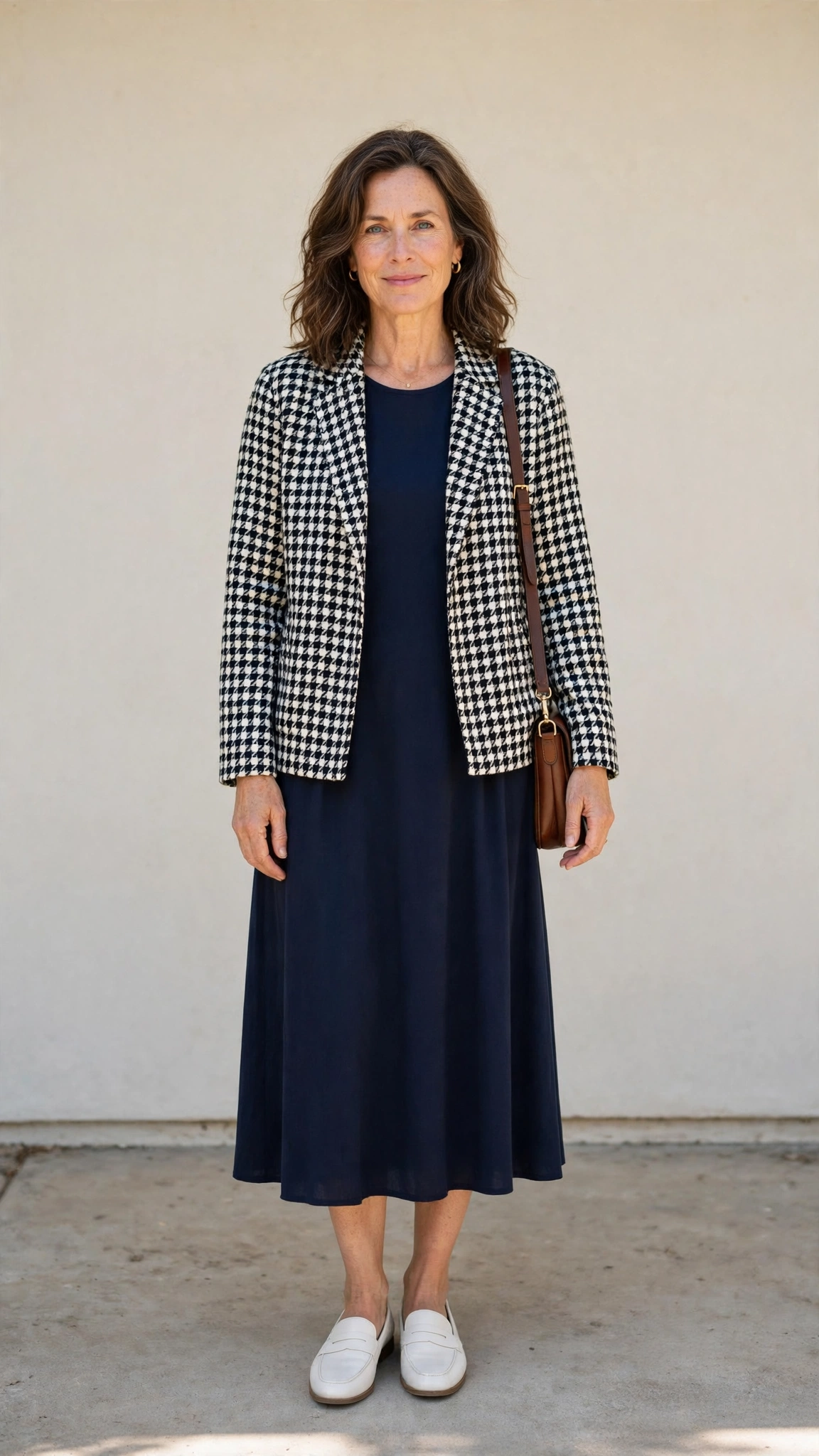 Houndstooth check jacket with a navy midi dress