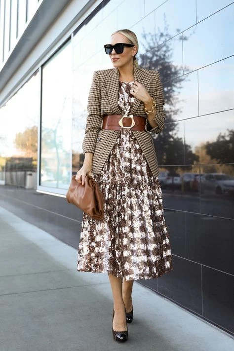 Plaid check jacket with a floral midi dress