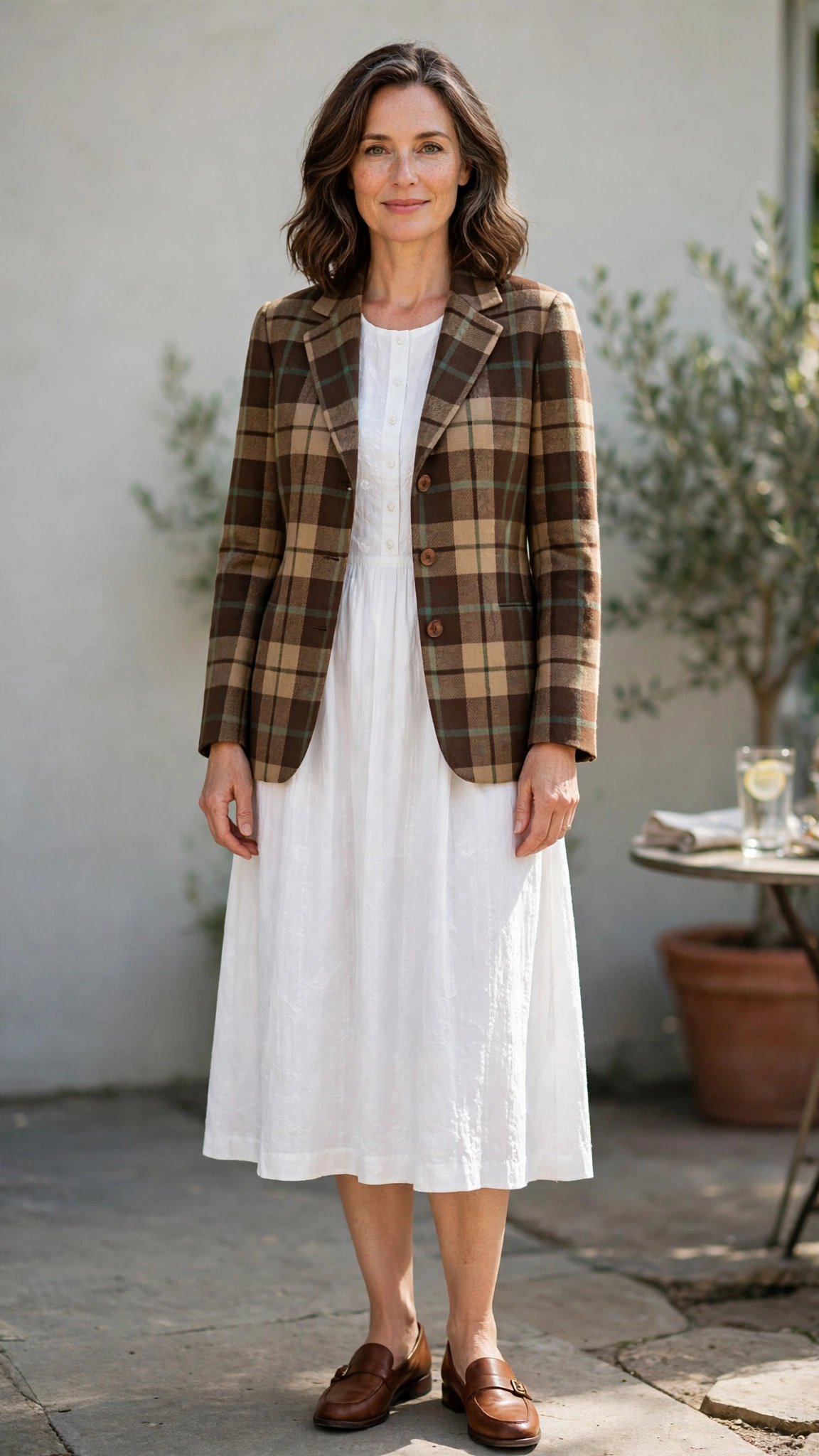 Heritage check jacket with a white midi dress