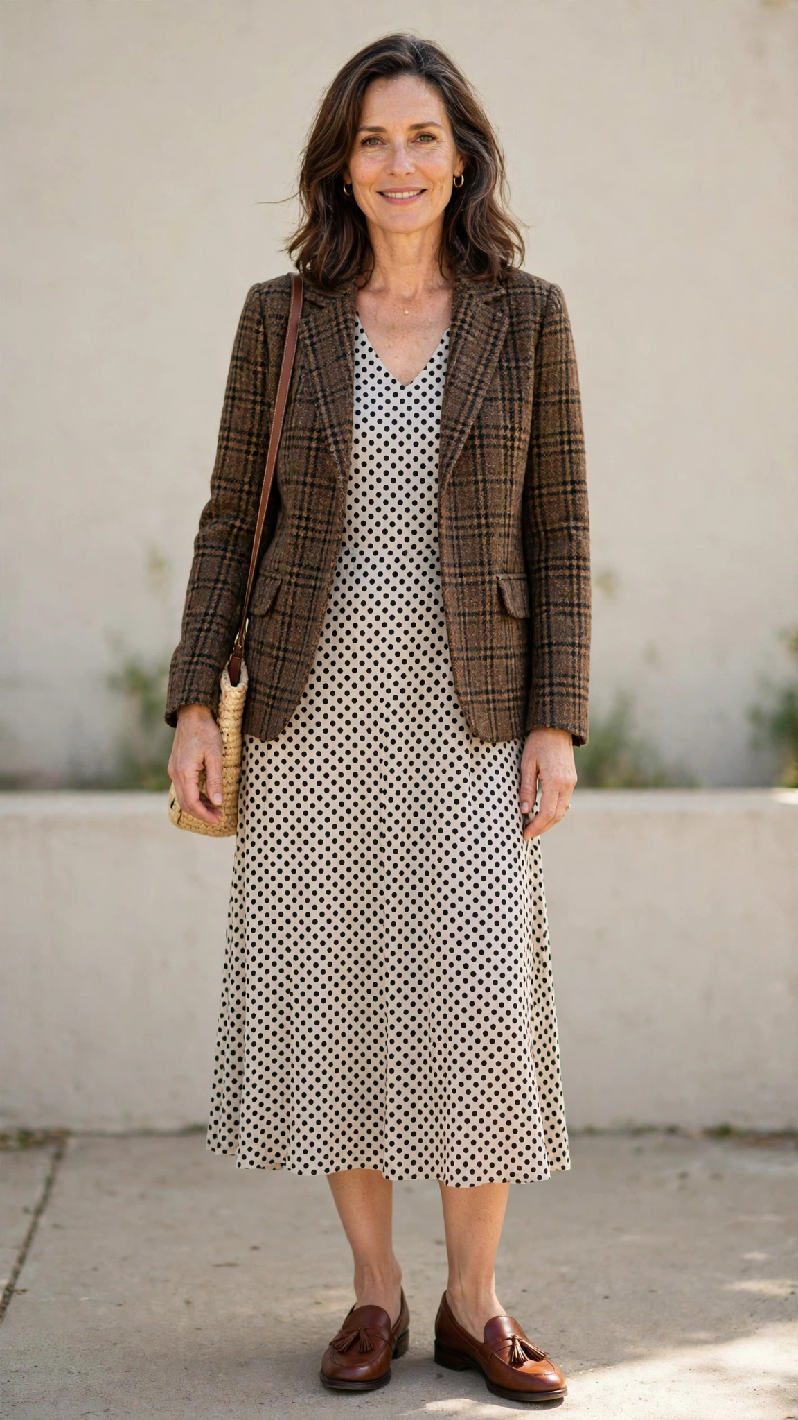 Brown check tweed jacket with a polka-dot midi dress