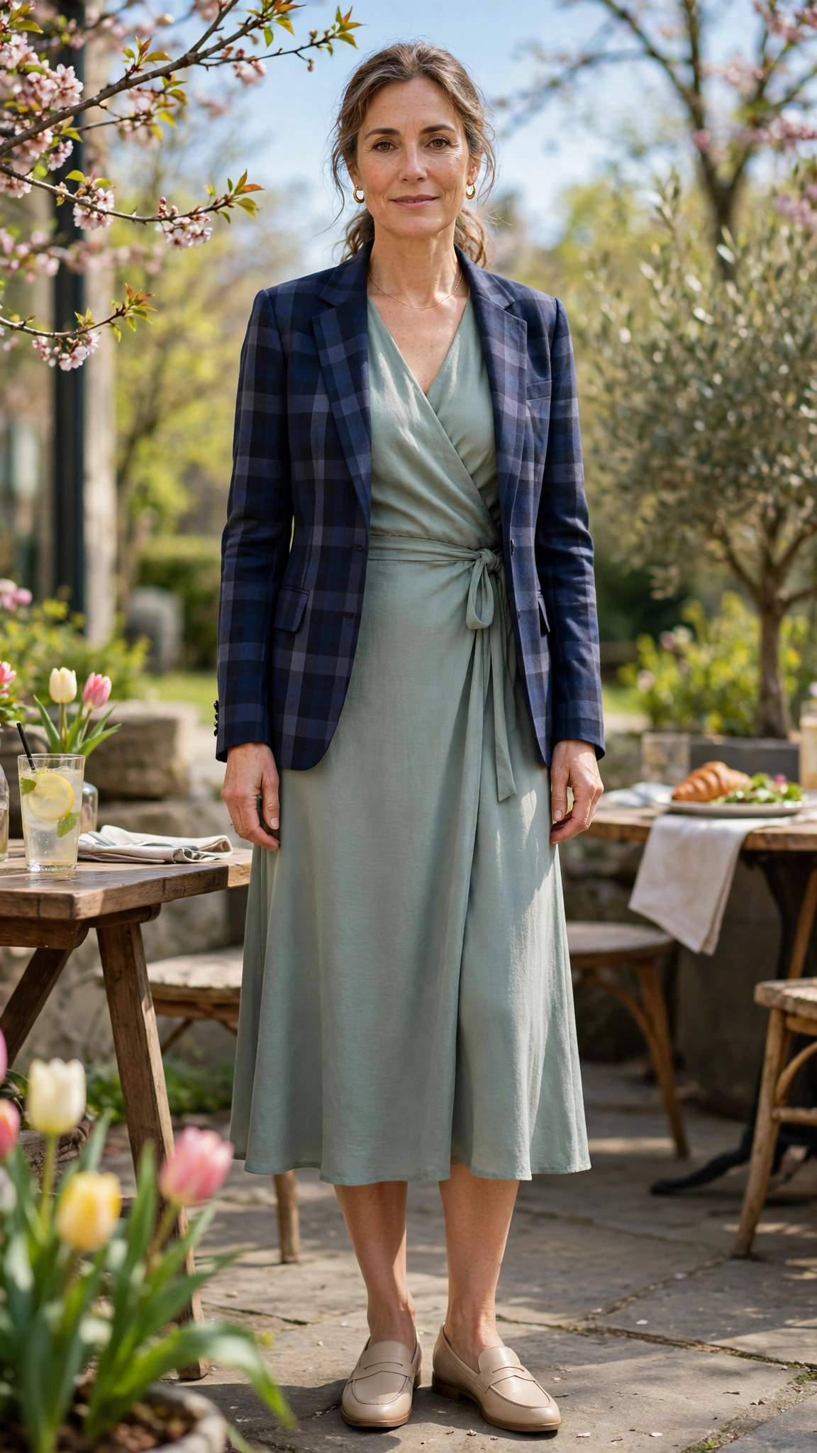 Navy check jacket with a wrap midi dress