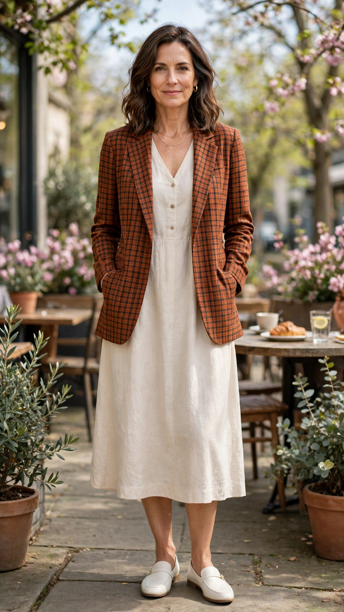 Rust check blazer with a cream midi dress
