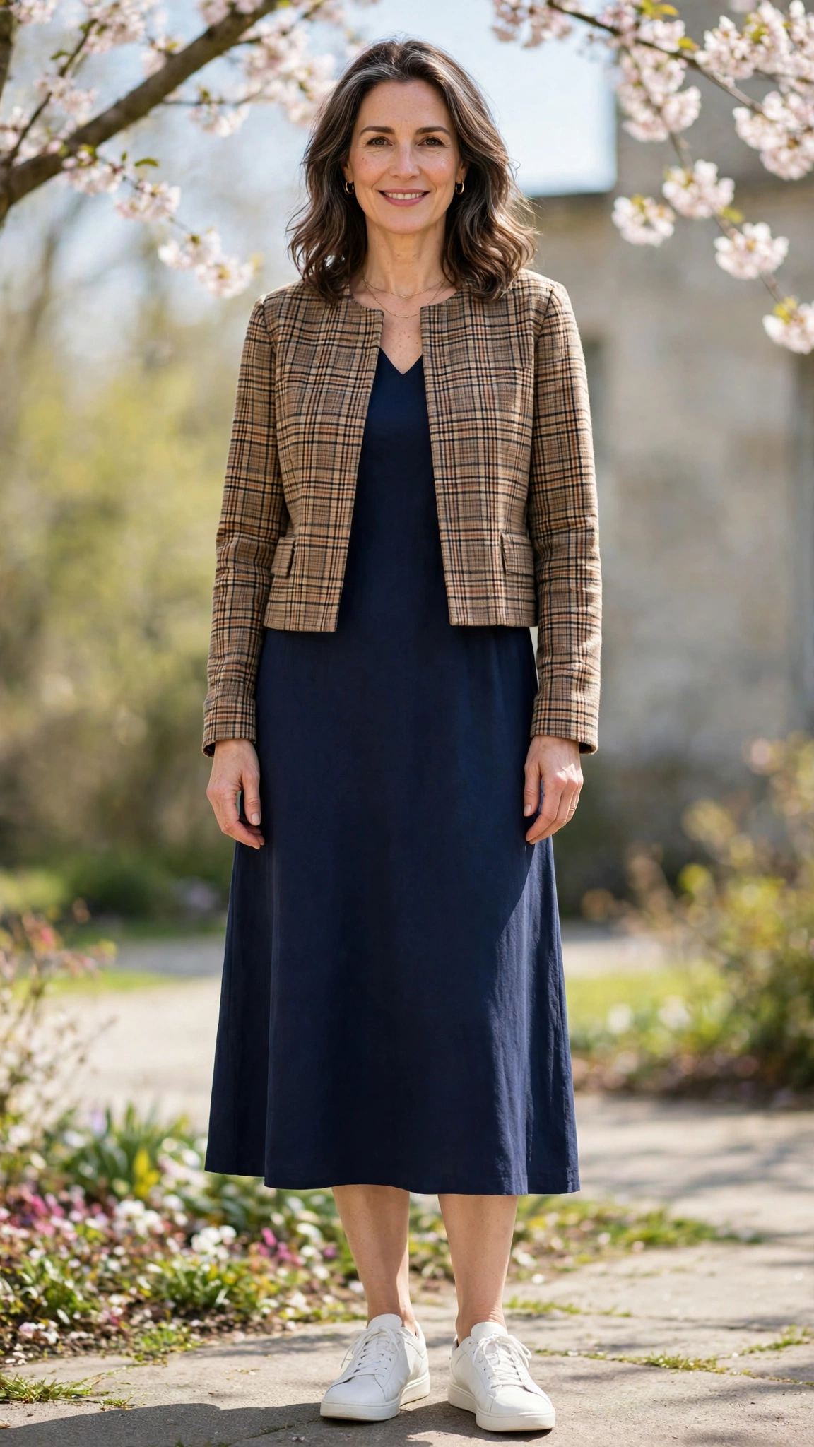 Cropped check jacket with a navy midi dress