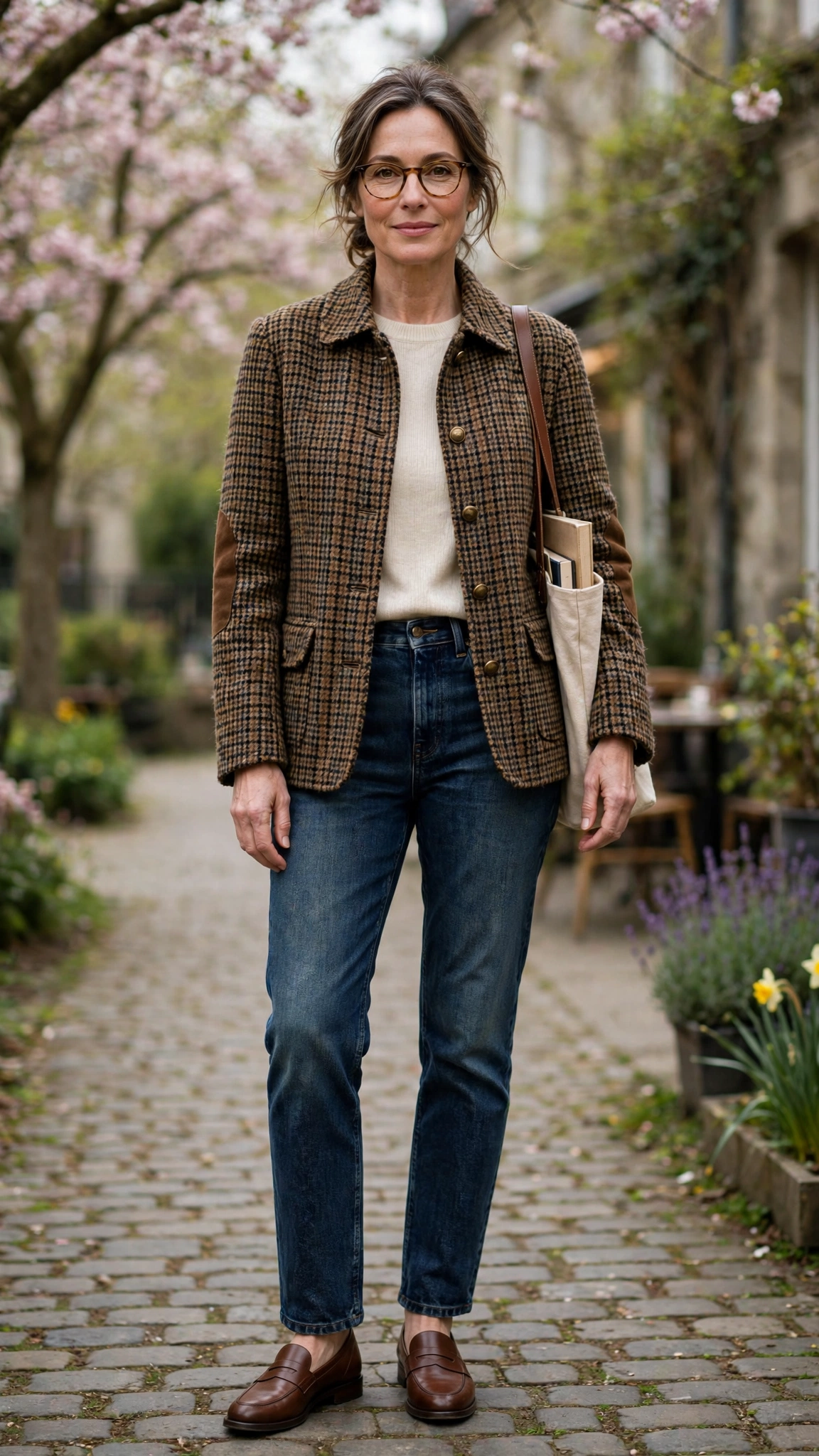 Tweed checked professor jacket with dark-wash jeans