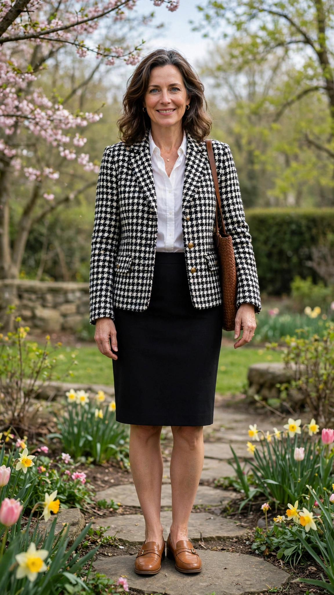Tweed houndstooth check jacket with a pencil skirt