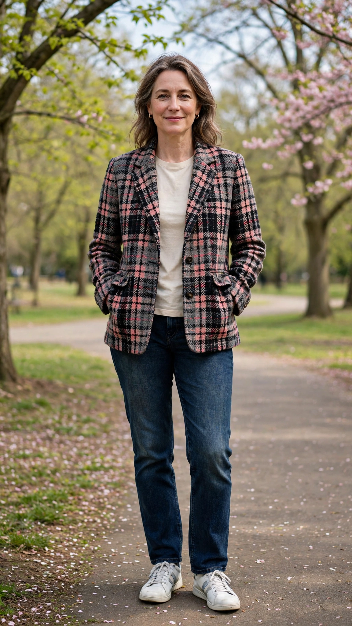 Tweed plaid check jacket with dark-wash jeans