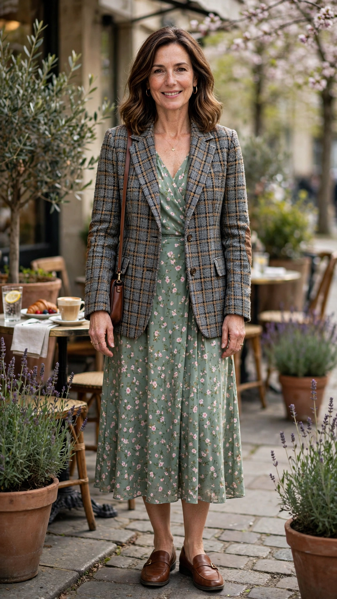 Tweed glen check blazer with a midi dress