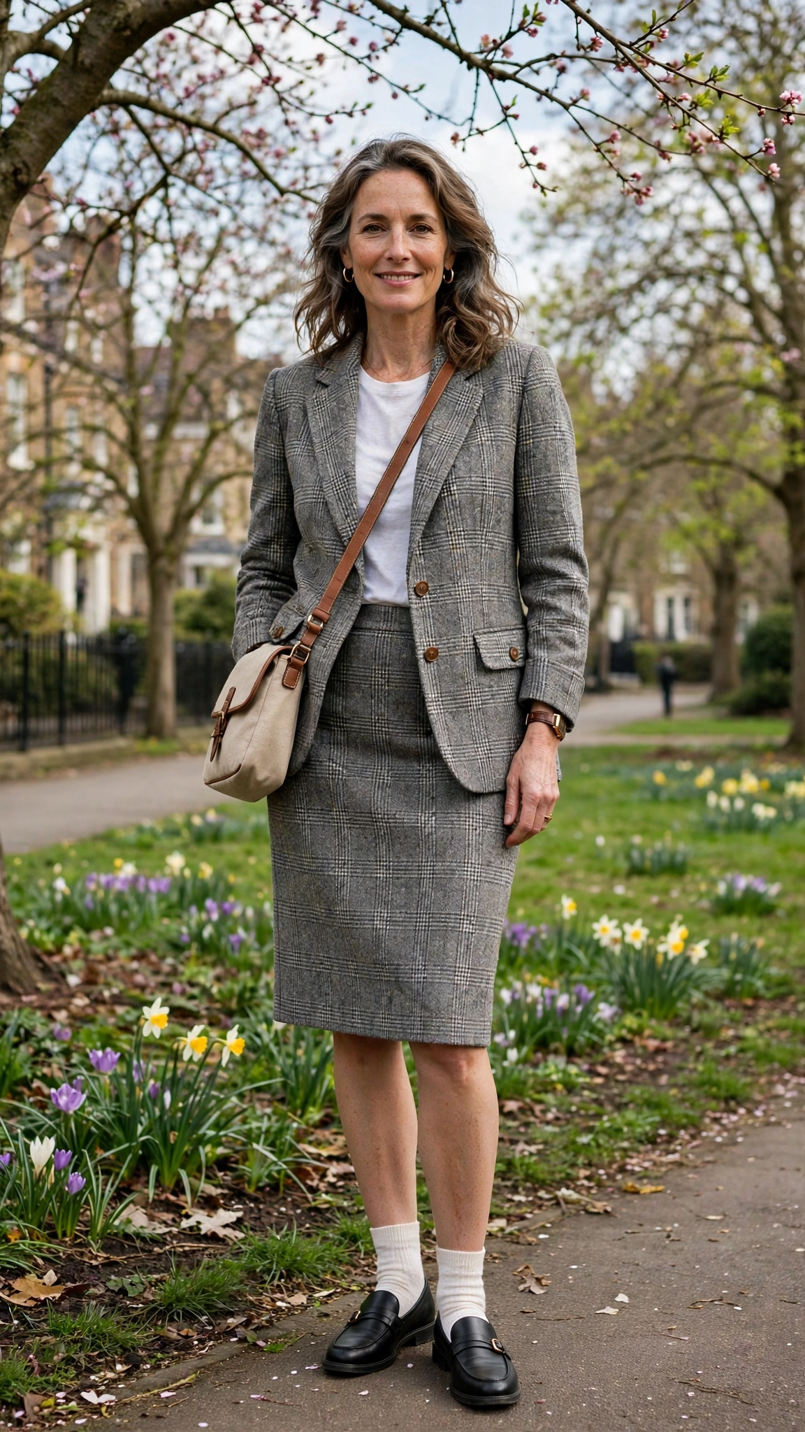 Tweed grey check blazer with a pencil skirt