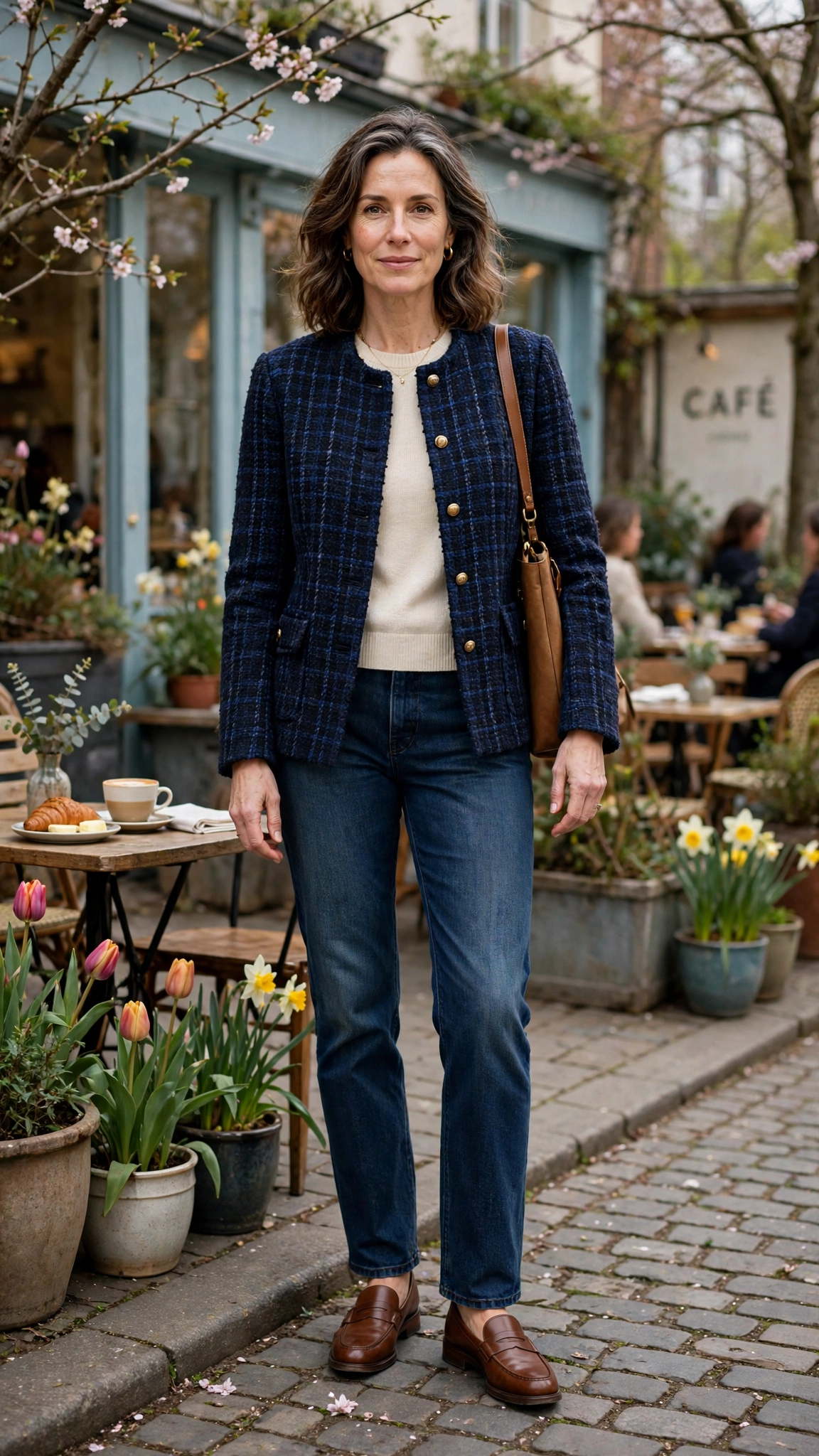 Tweed navy check jacket with dark-wash jeans