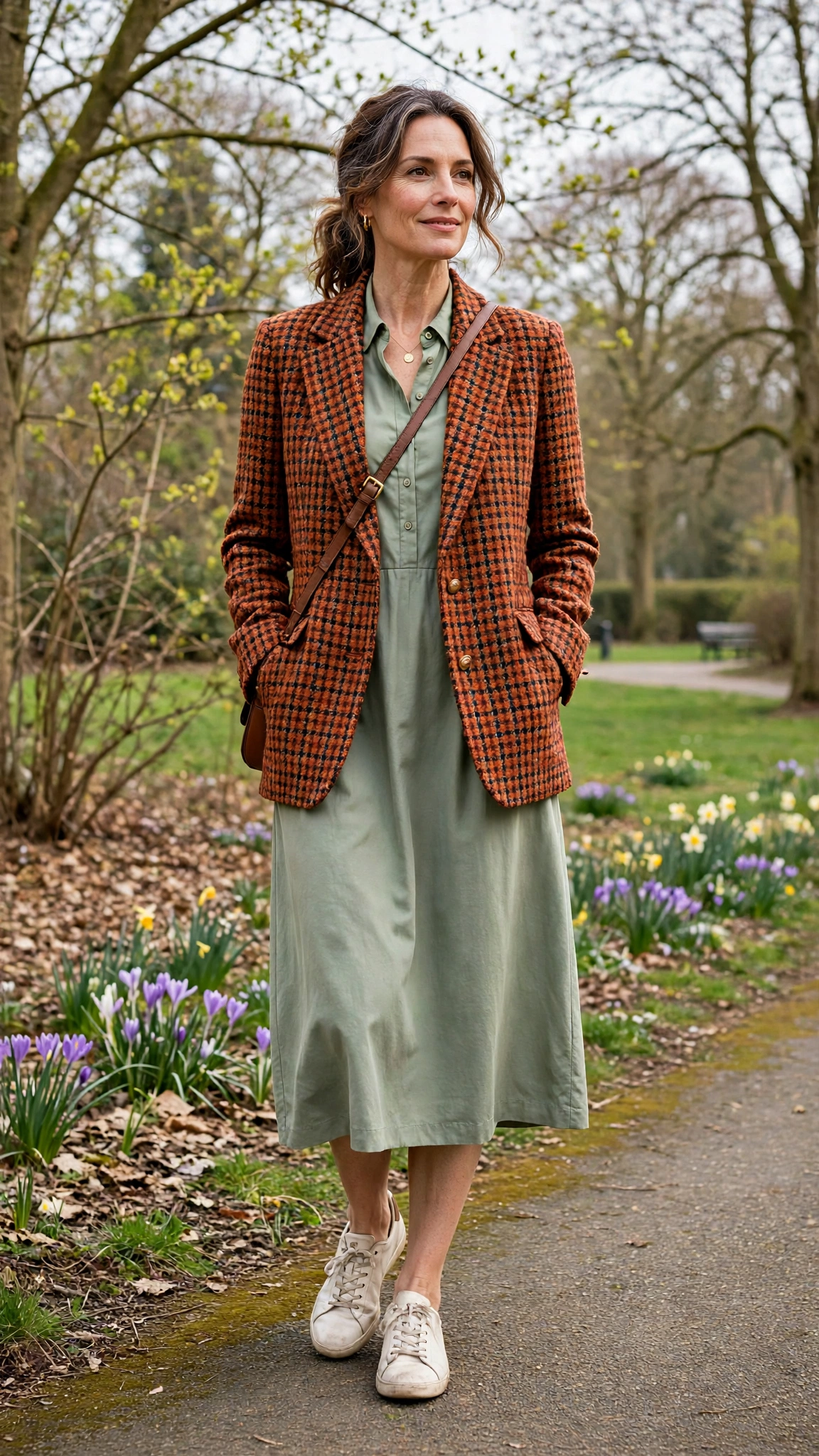 Tweed rust check blazer with a midi dress