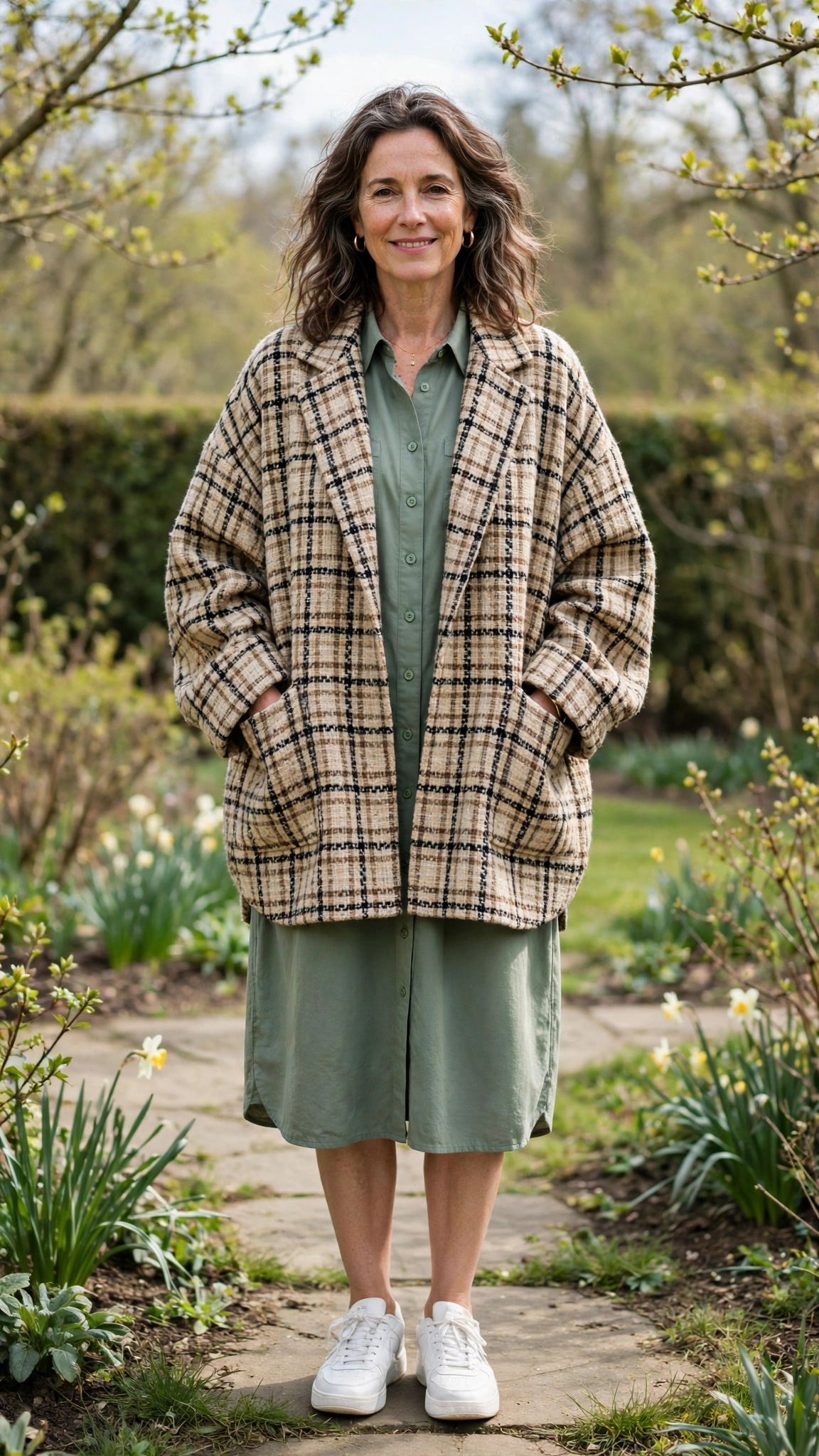 Tweed oversized check jacket with a shirt dress