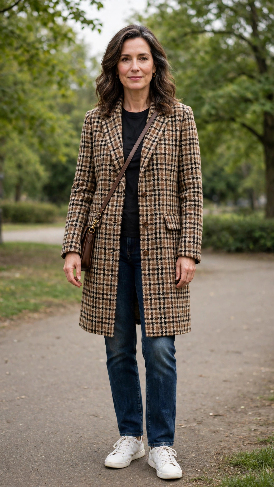 Tweed longline check jacket with dark-wash jeans