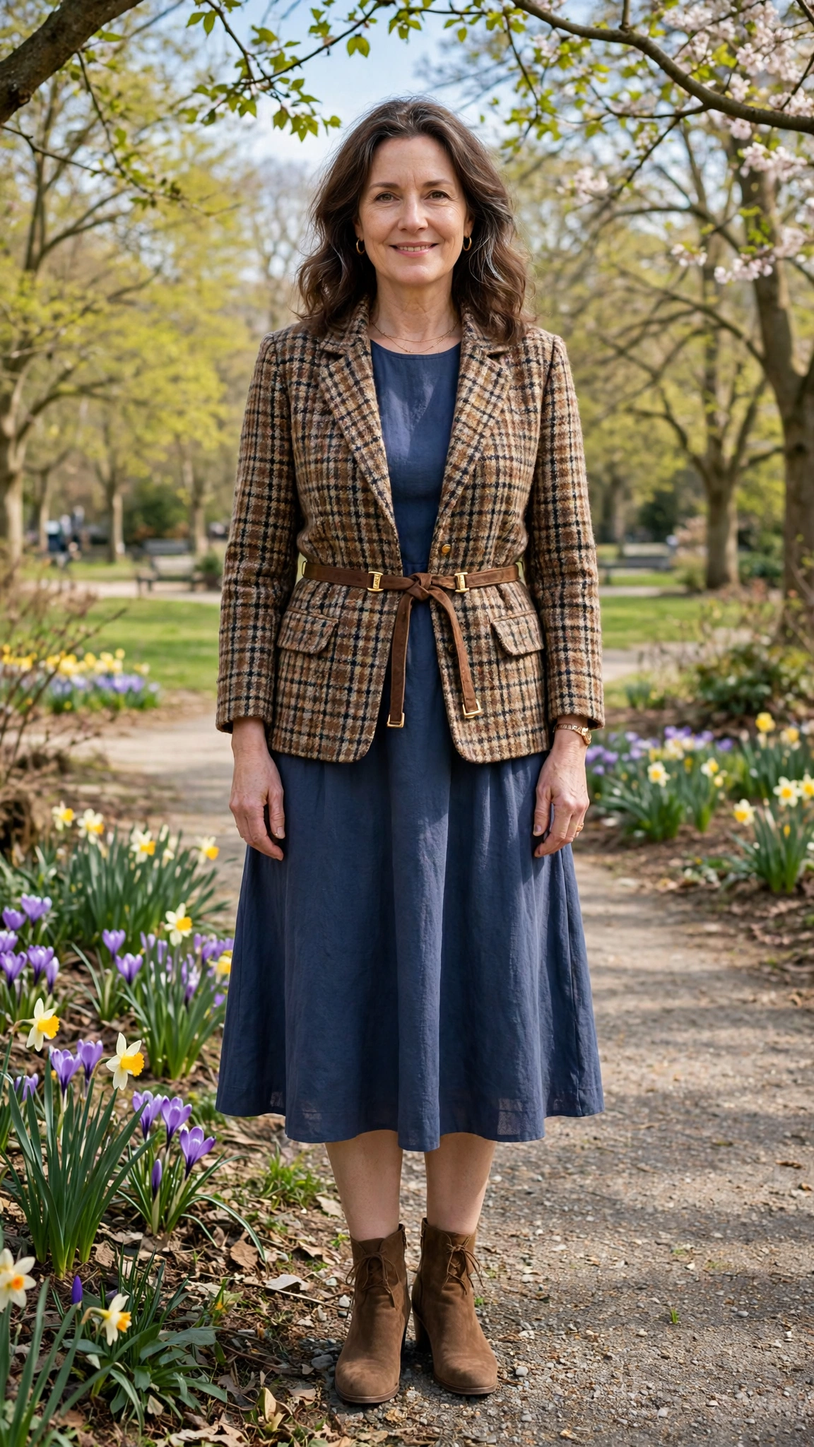 Tweed belted check jacket with a midi dress