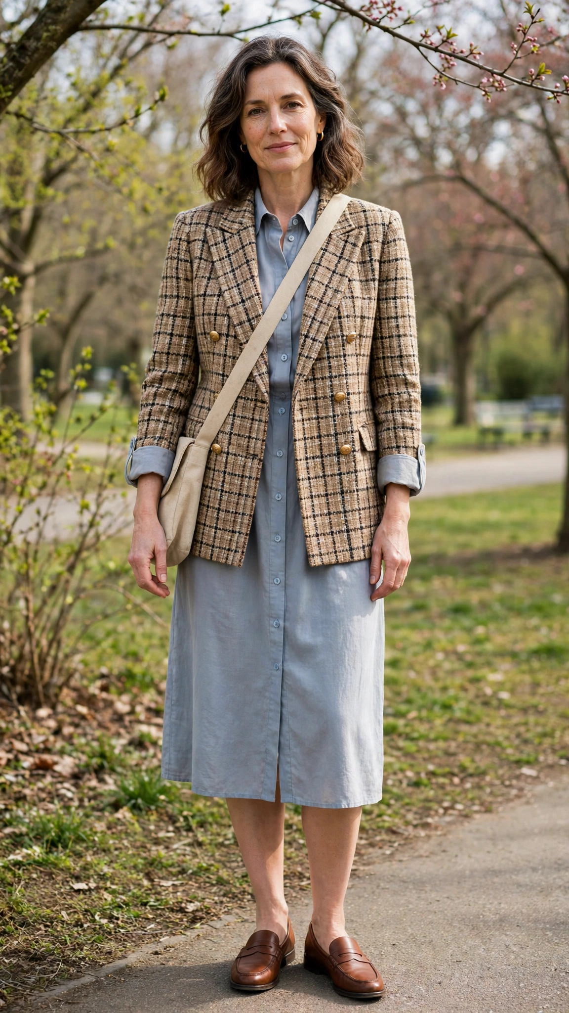 Tweed double-breasted check blazer with a shirt dress