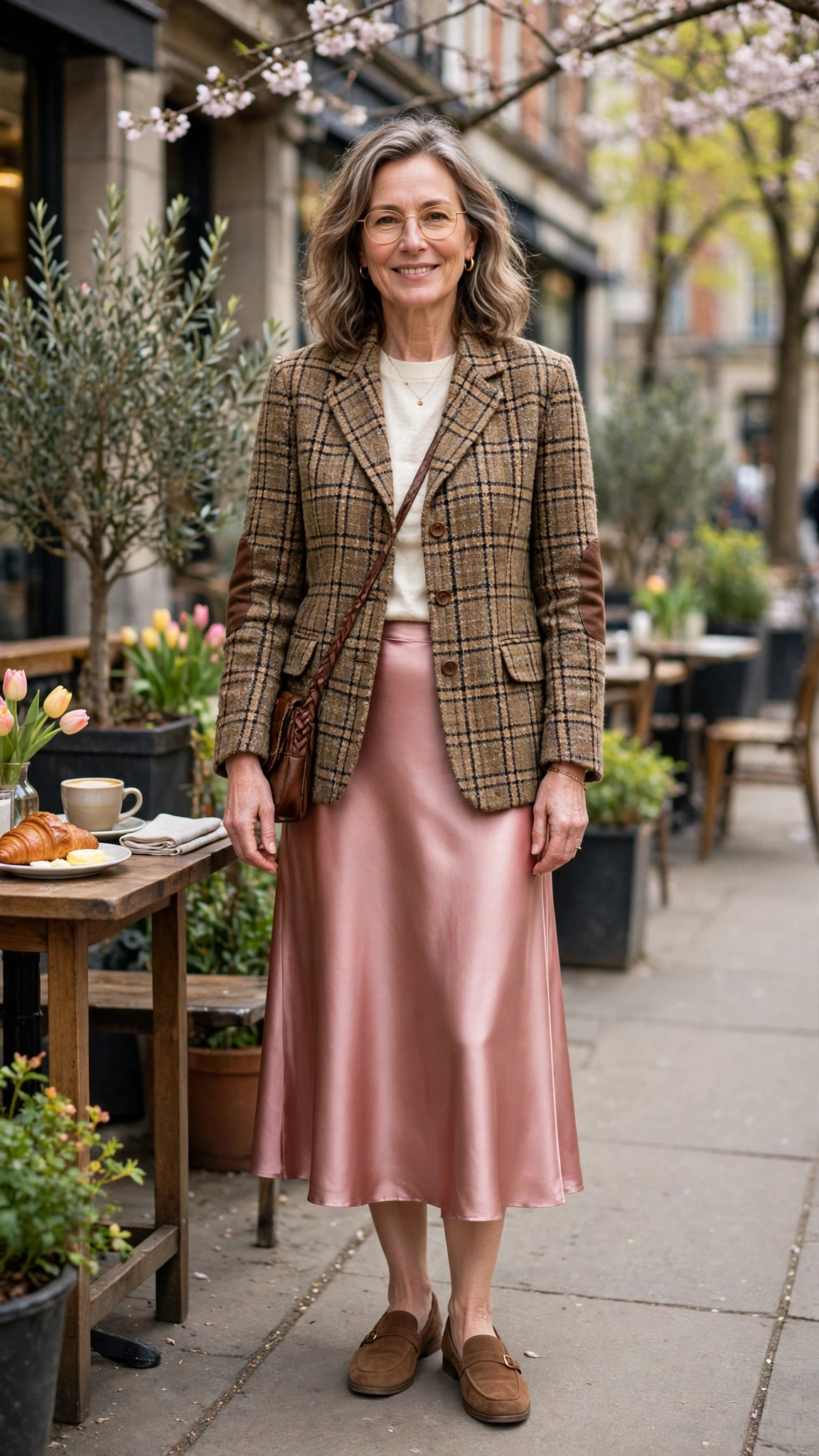 Tweed checked professor jacket with a satin midi skirt