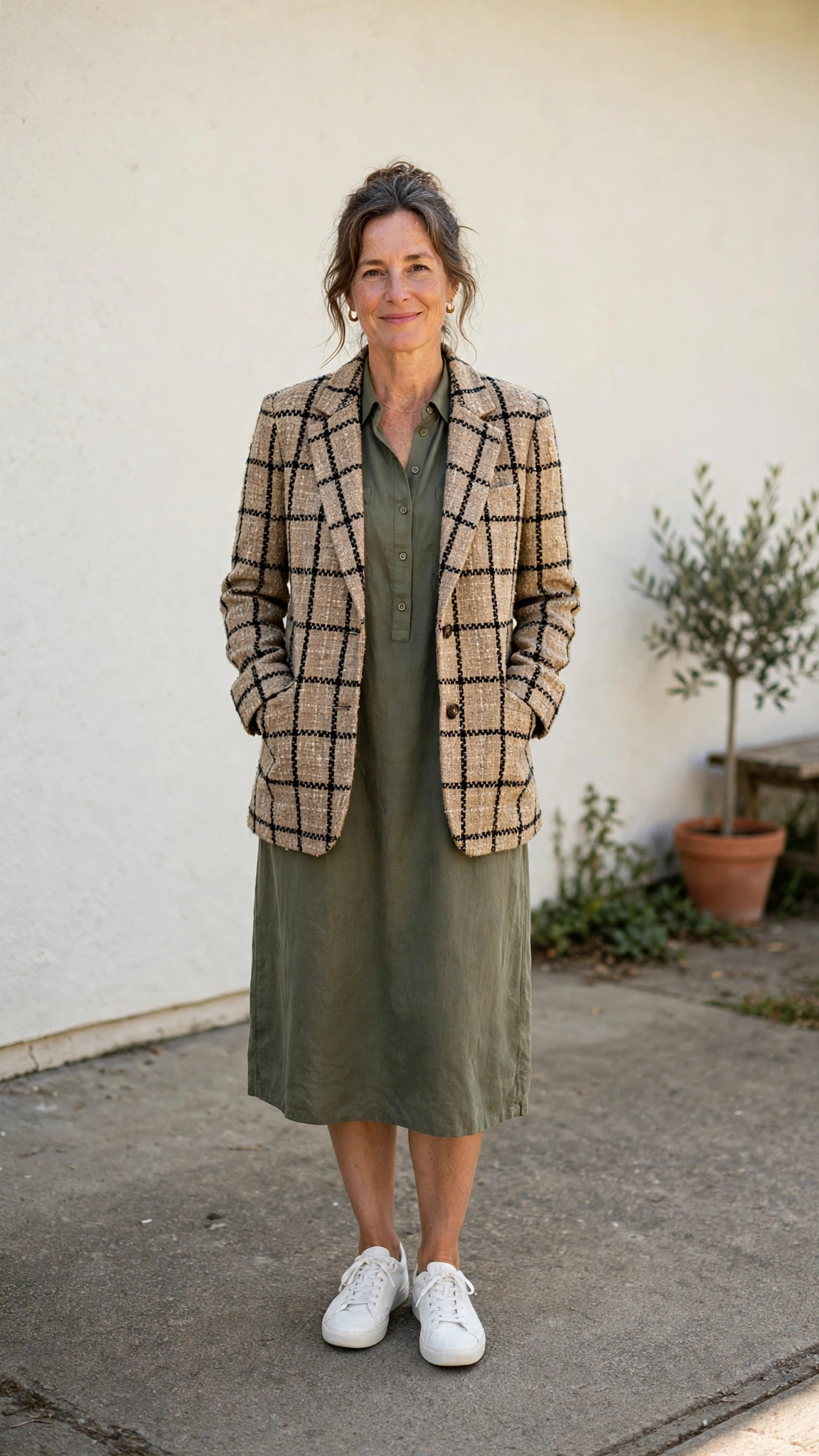 Tweed windowpane check blazer with a midi dress