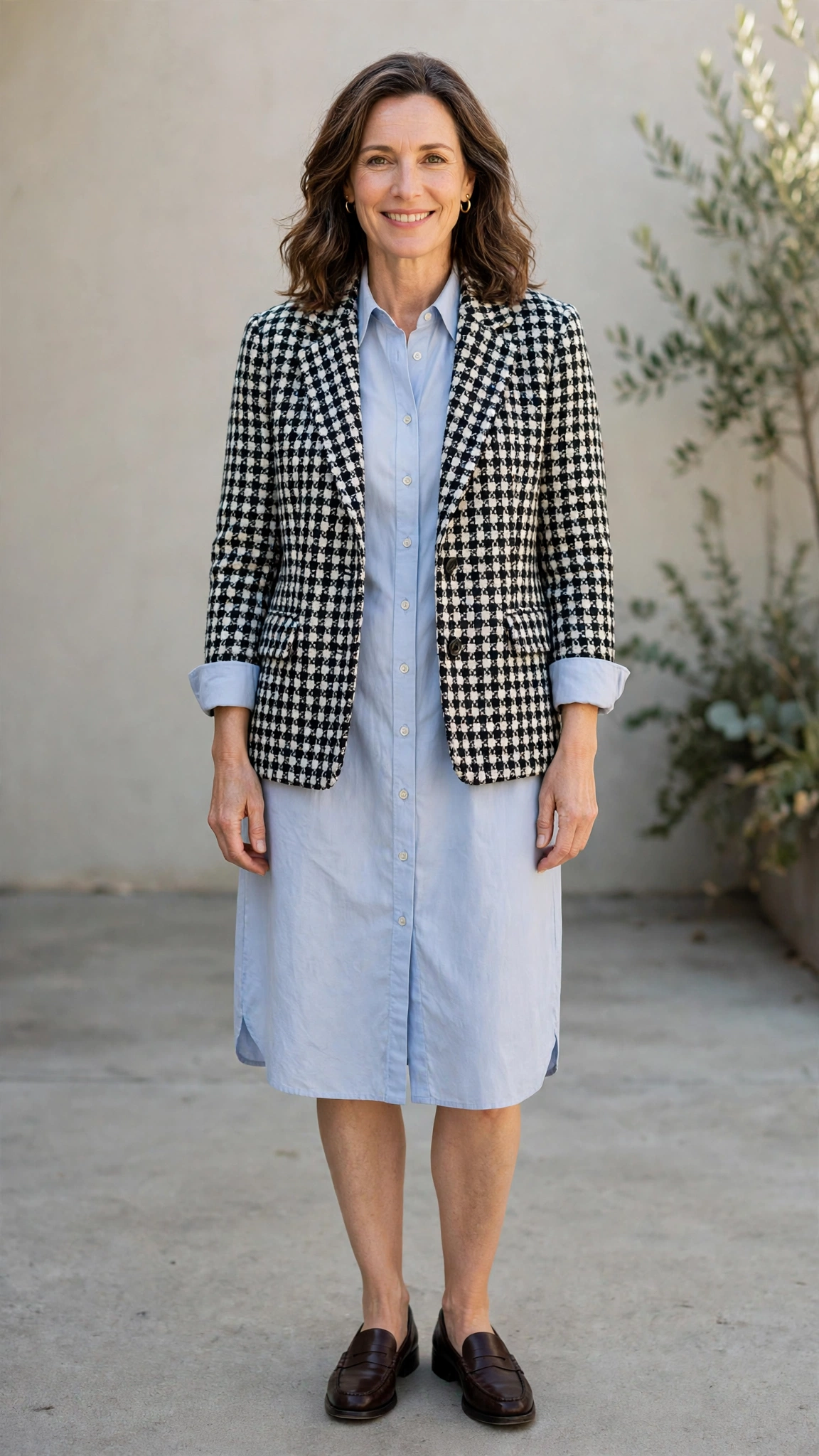 Tweed houndstooth check jacket with a shirt dress