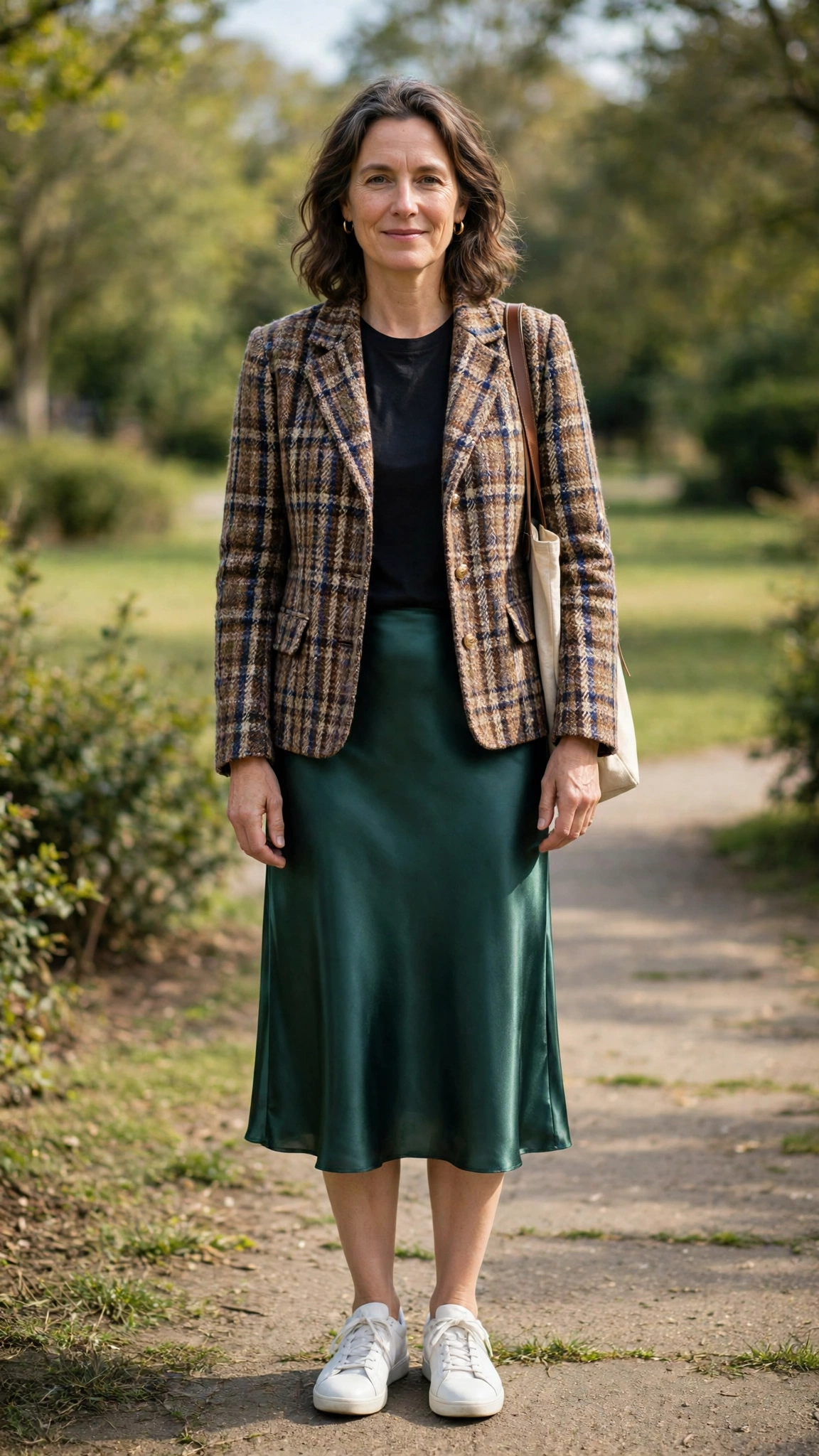 Tweed plaid check jacket with a satin midi skirt
