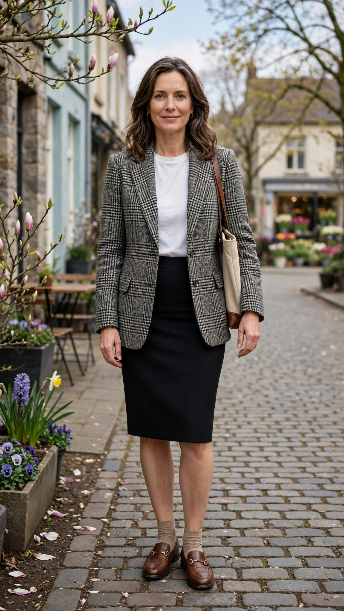 Tweed glen check blazer with a pencil skirt