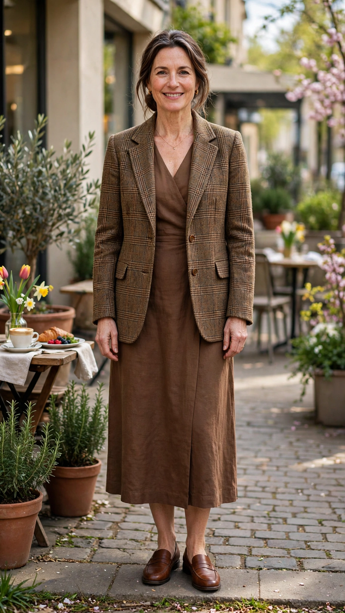 Tweed brown check tweed jacket with a midi dress
