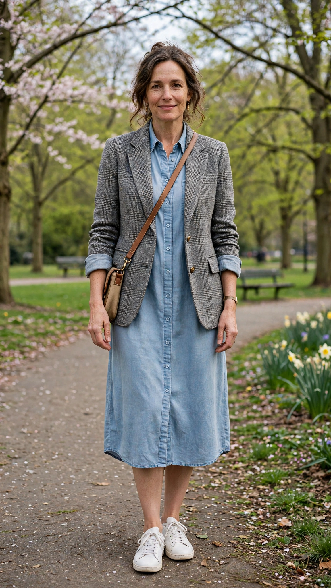 Tweed grey check blazer with a shirt dress