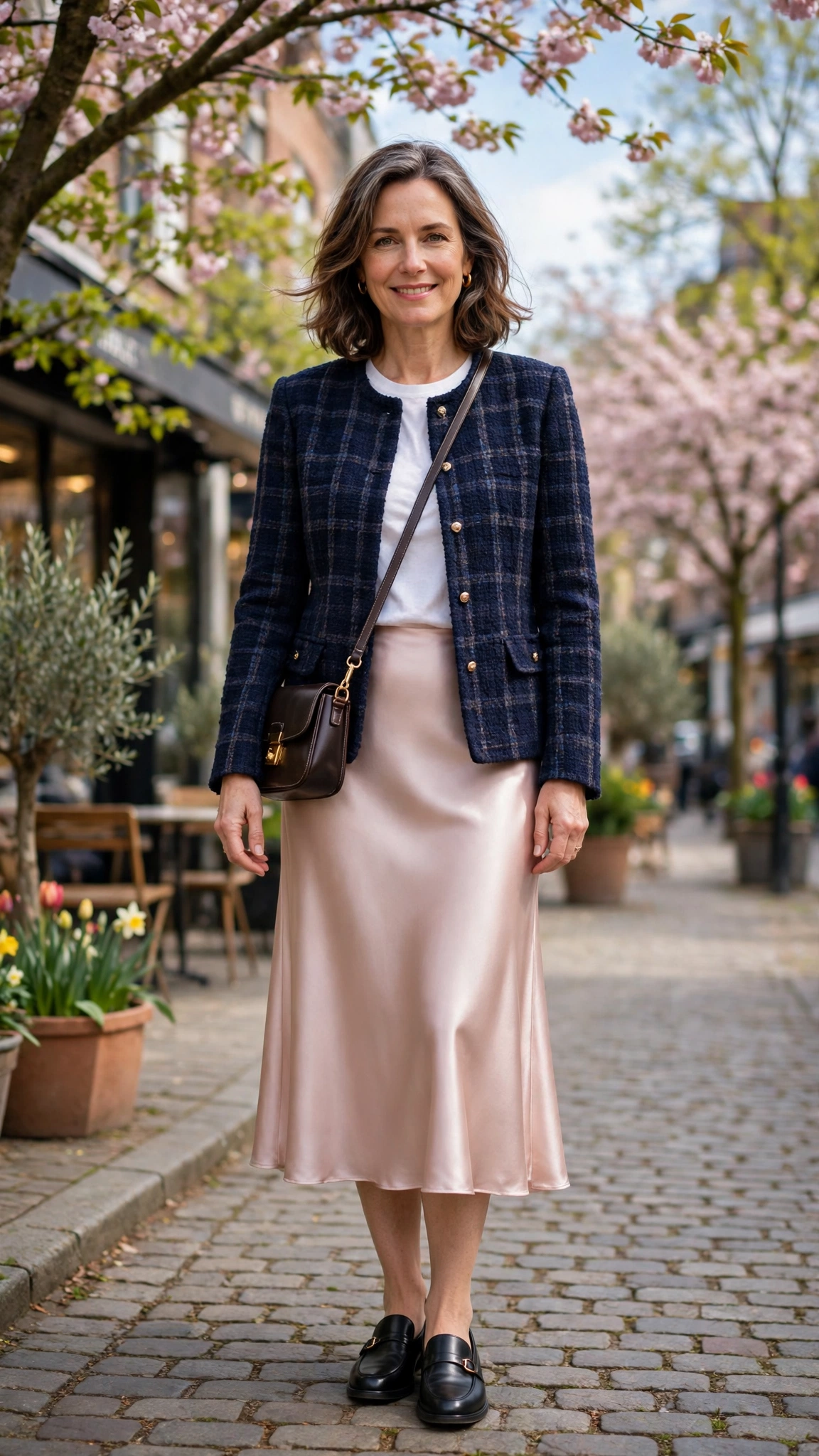 Tweed navy check jacket with a satin midi skirt