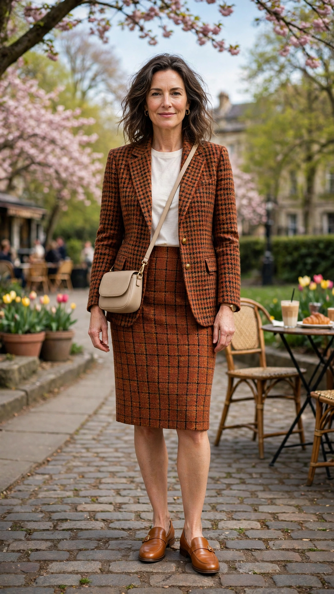 Tweed rust check blazer with a pencil skirt
