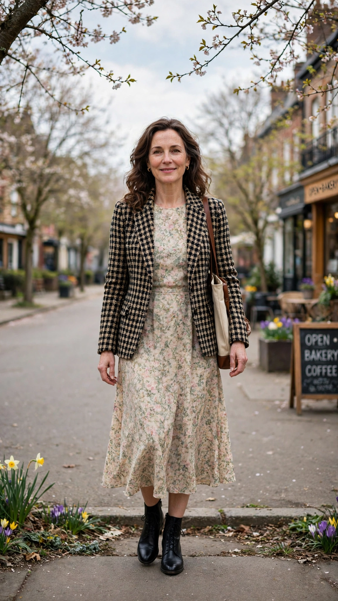 Tweed fitted check blazer with a midi dress