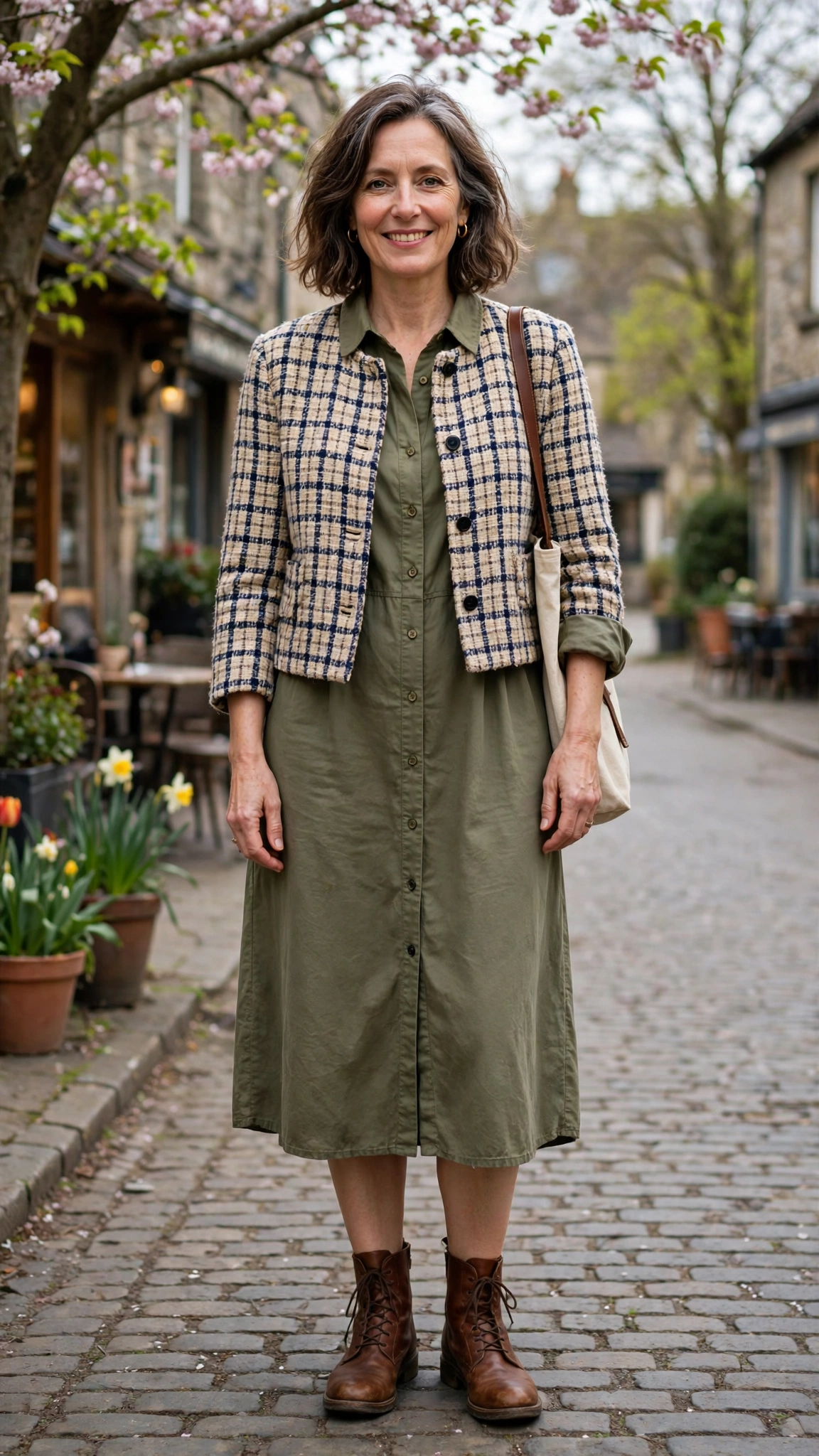 Tweed cropped check jacket with a shirt dress