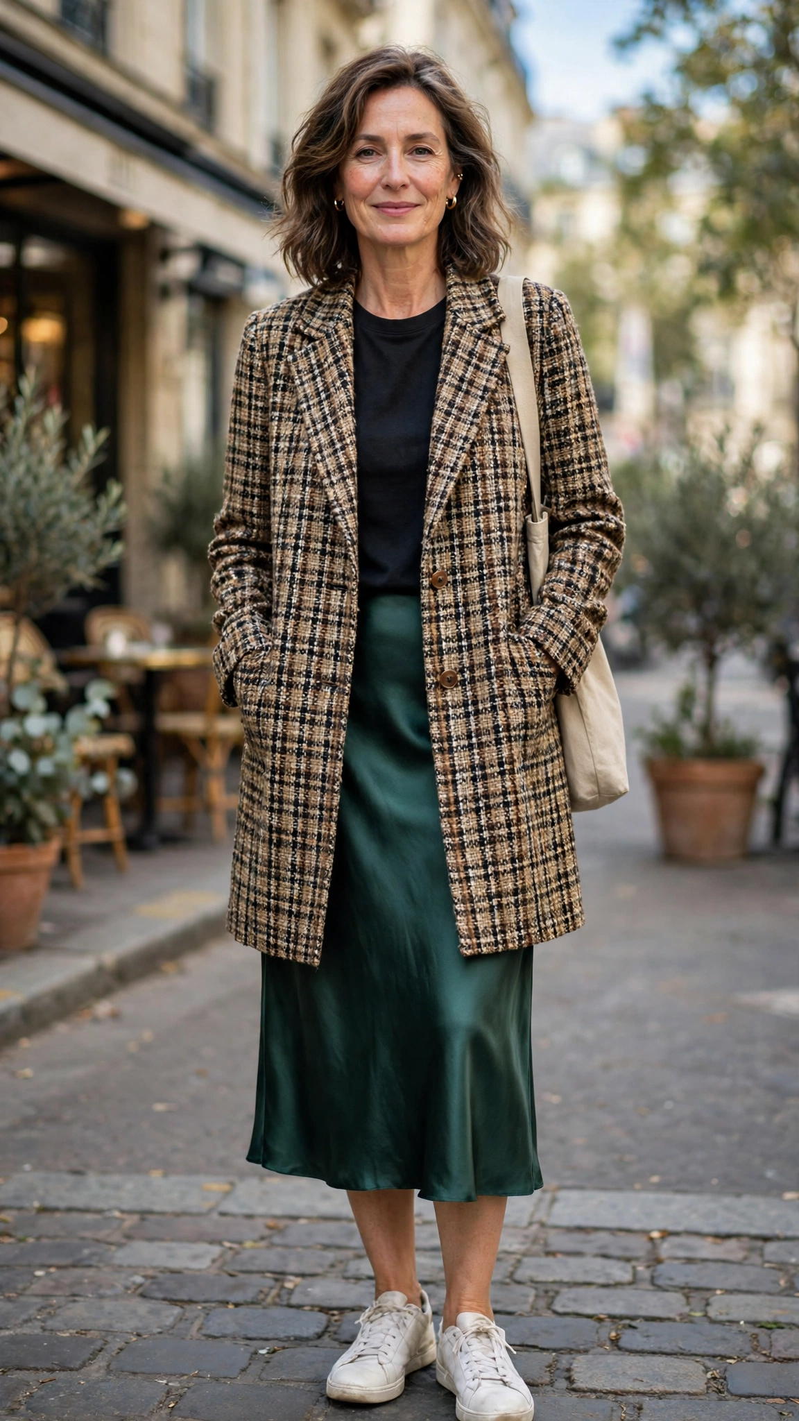 Tweed longline check jacket with a satin midi skirt