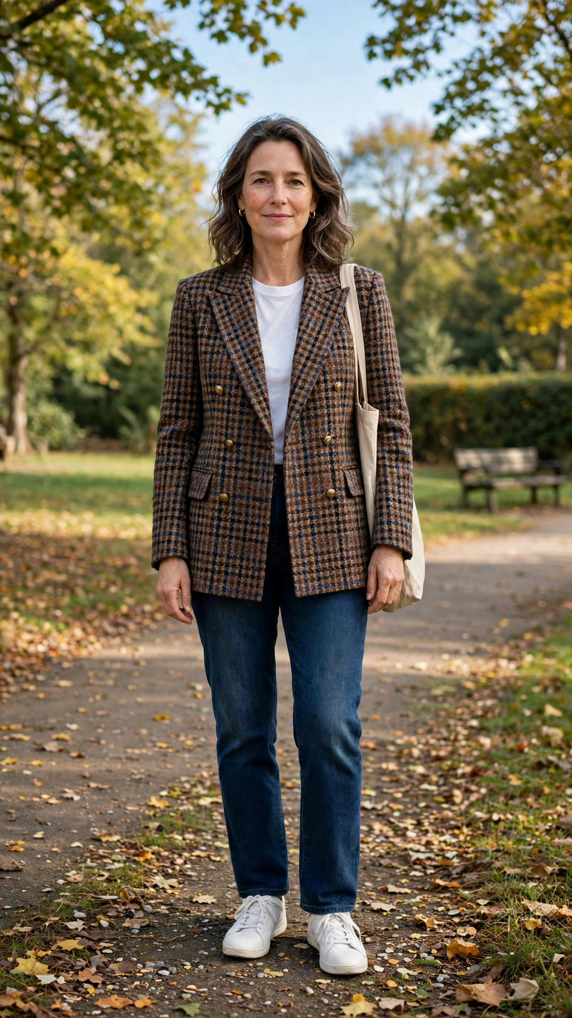Tweed double-breasted check blazer with dark-wash jeans