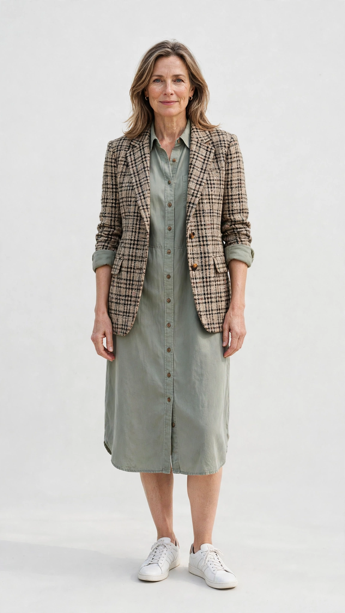 Tweed tweed check blazer with a shirt dress