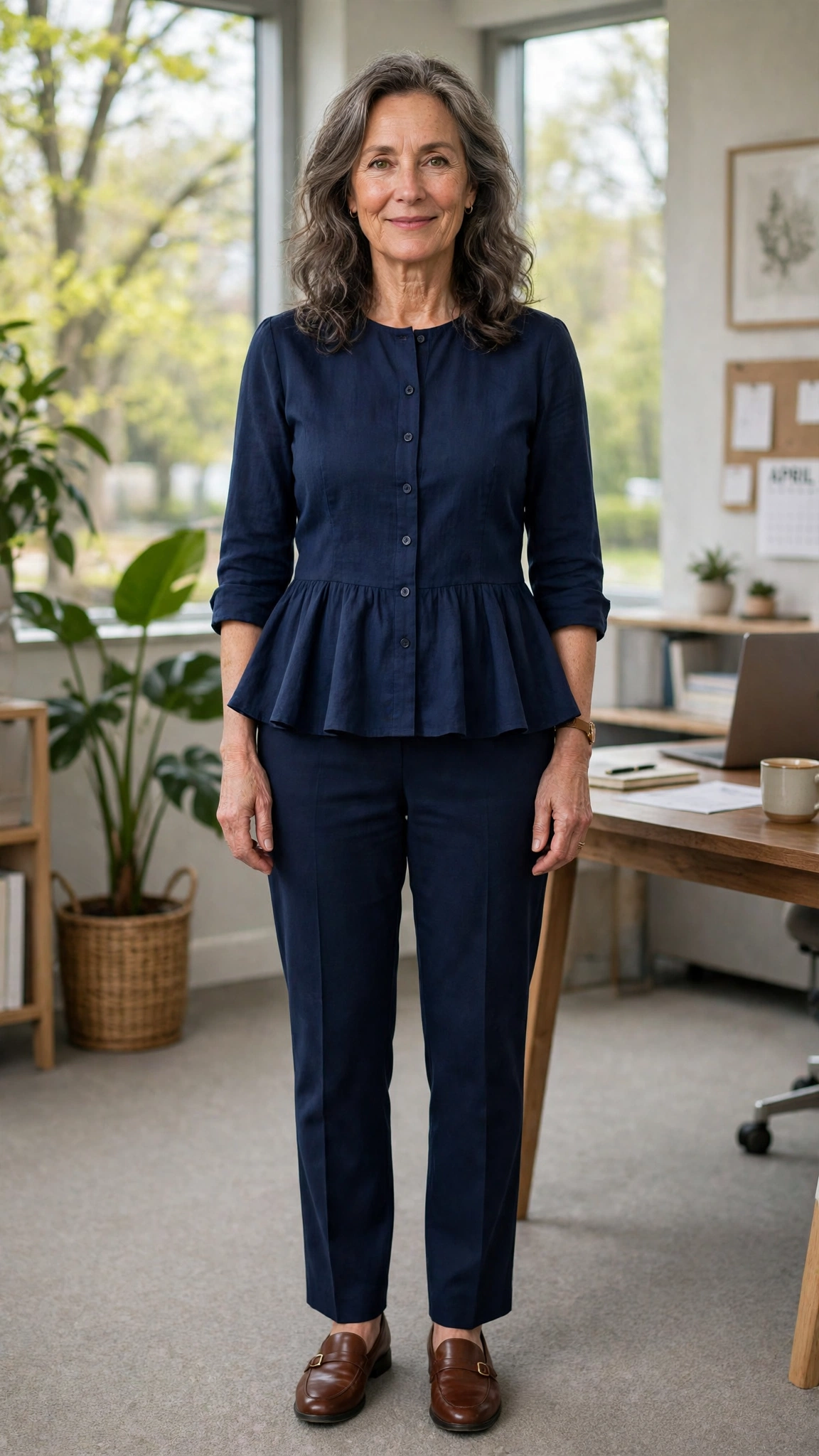 40 Women Over 50 Peplum Blouse and Trouser Outfits for March Office Days That Are Fresh, Chic and Easy to Wear 2 Peplum blouse with navy trousers