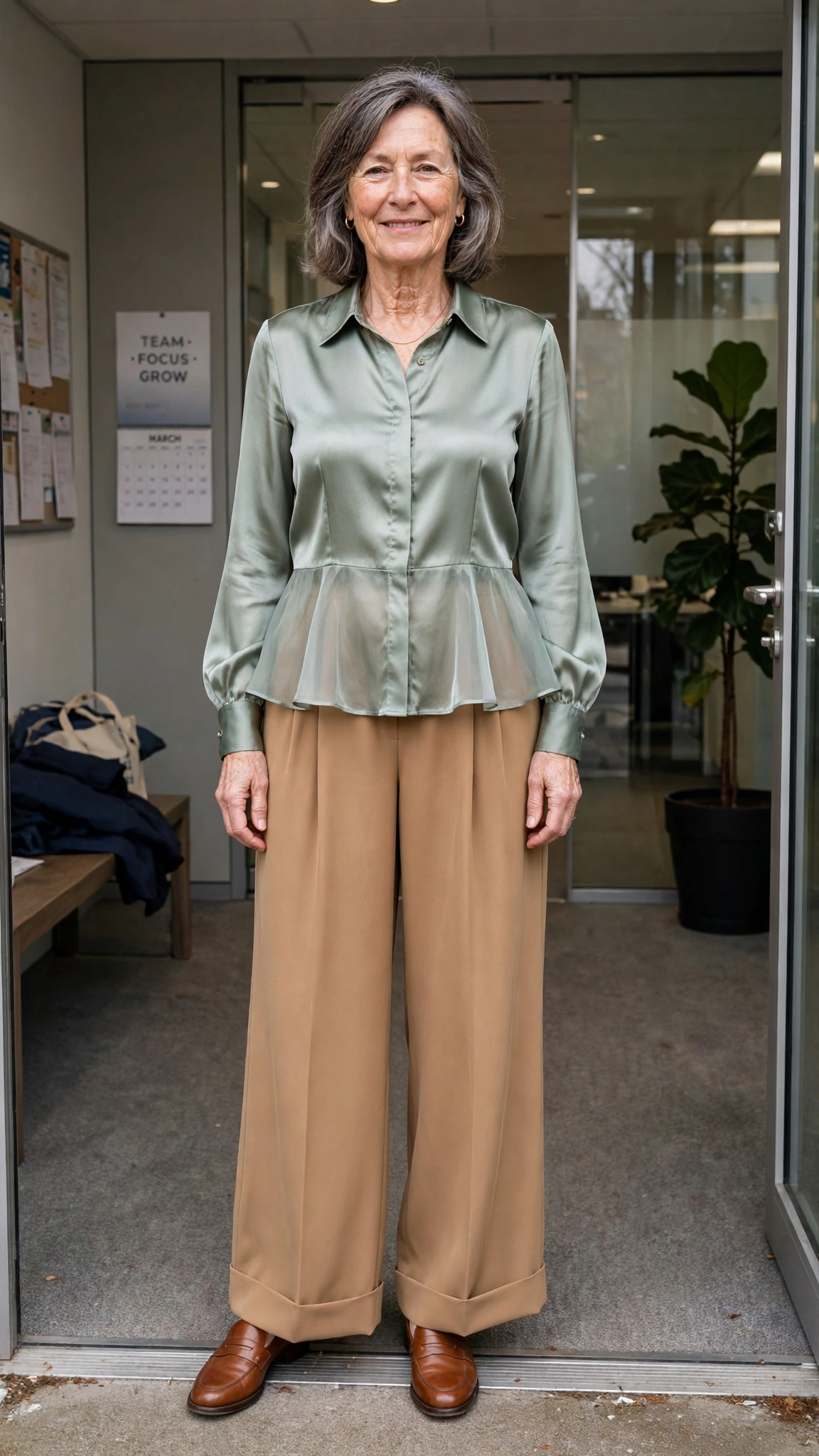 40 Women Over 50 Peplum Blouse and Trouser Outfits for March Office Days That Are Fresh, Chic and Easy to Wear 3 Peplum silk blouse with wide-leg trousers