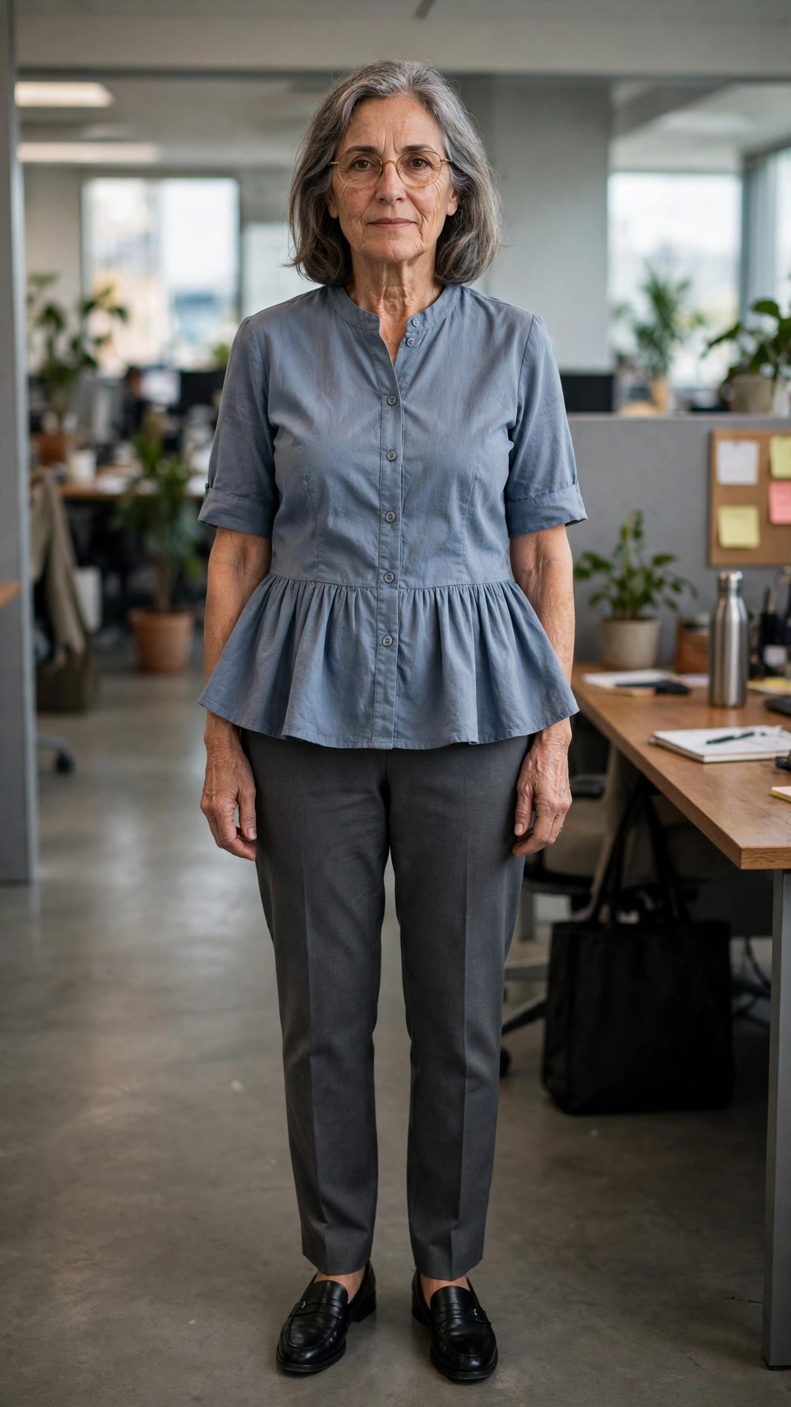 40 Women Over 50 Peplum Blouse and Trouser Outfits for March Office Days That Are Fresh, Chic and Easy to Wear 4 Peplum cotton blouse with charcoal trousers