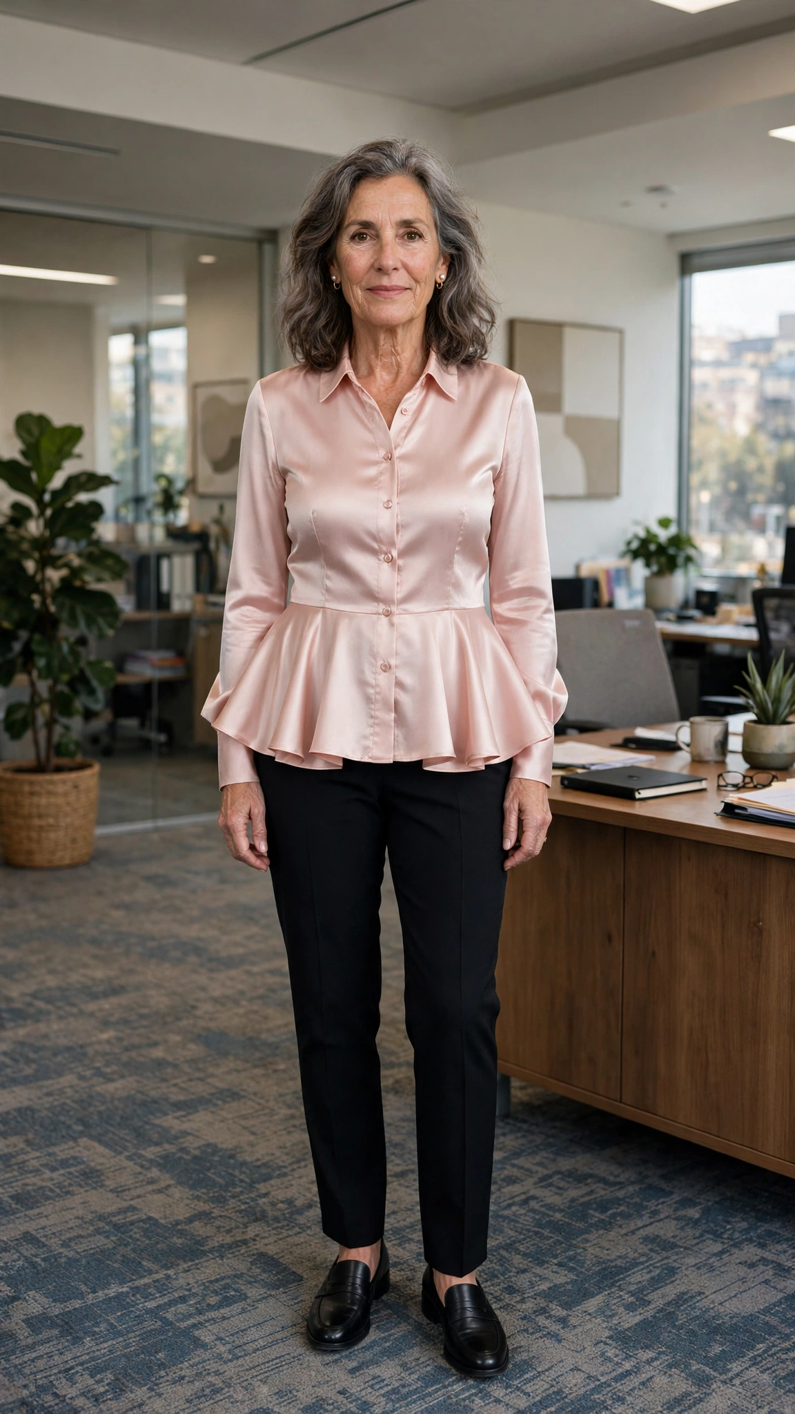 40 Women Over 50 Peplum Blouse and Trouser Outfits for March Office Days That Are Fresh, Chic and Easy to Wear 5 Peplum satin blouse with black tailored trousers