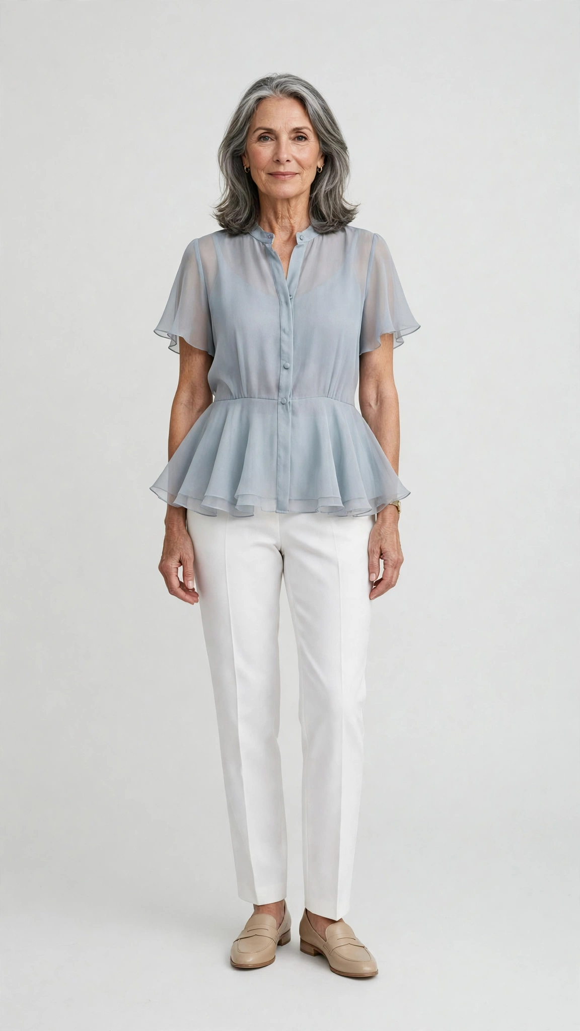 40 Women Over 50 Peplum Blouse and Trouser Outfits for March Office Days That Are Fresh, Chic and Easy to Wear 7 Peplum chiffon blouse with white trousers