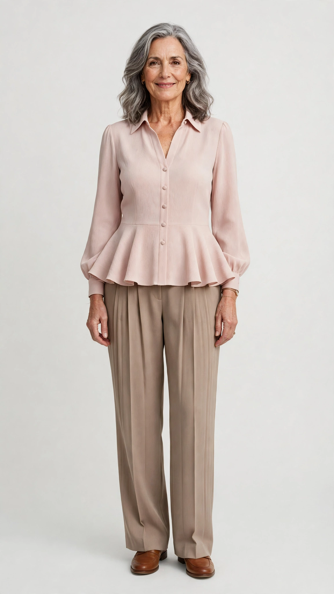 40 Women Over 50 Peplum Blouse and Trouser Outfits for March Office Days That Are Fresh, Chic and Easy to Wear 8 Peplum crepe blouse with pleated trousers