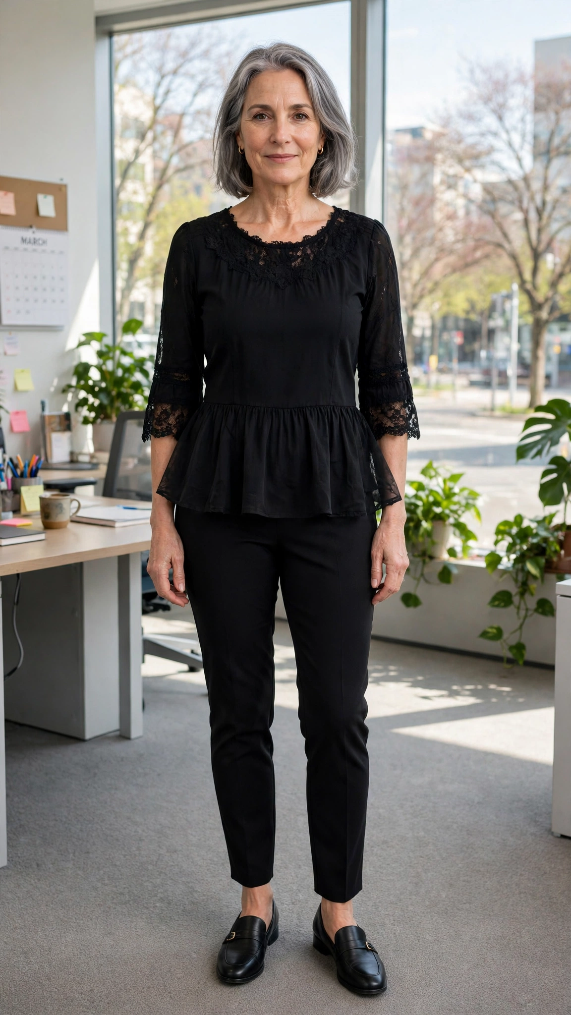 40 Women Over 50 Peplum Blouse and Trouser Outfits for March Office Days That Are Fresh, Chic and Easy to Wear 10 Peplum lace-trim blouse with tapered trousers