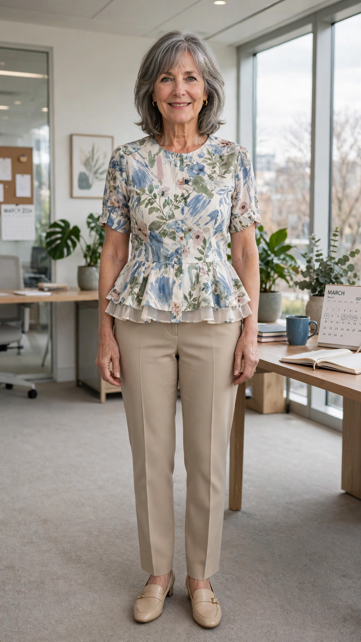 40 Women Over 50 Peplum Blouse and Trouser Outfits for March Office Days That Are Fresh, Chic and Easy to Wear 11 Peplum printed blouse with beige trousers
