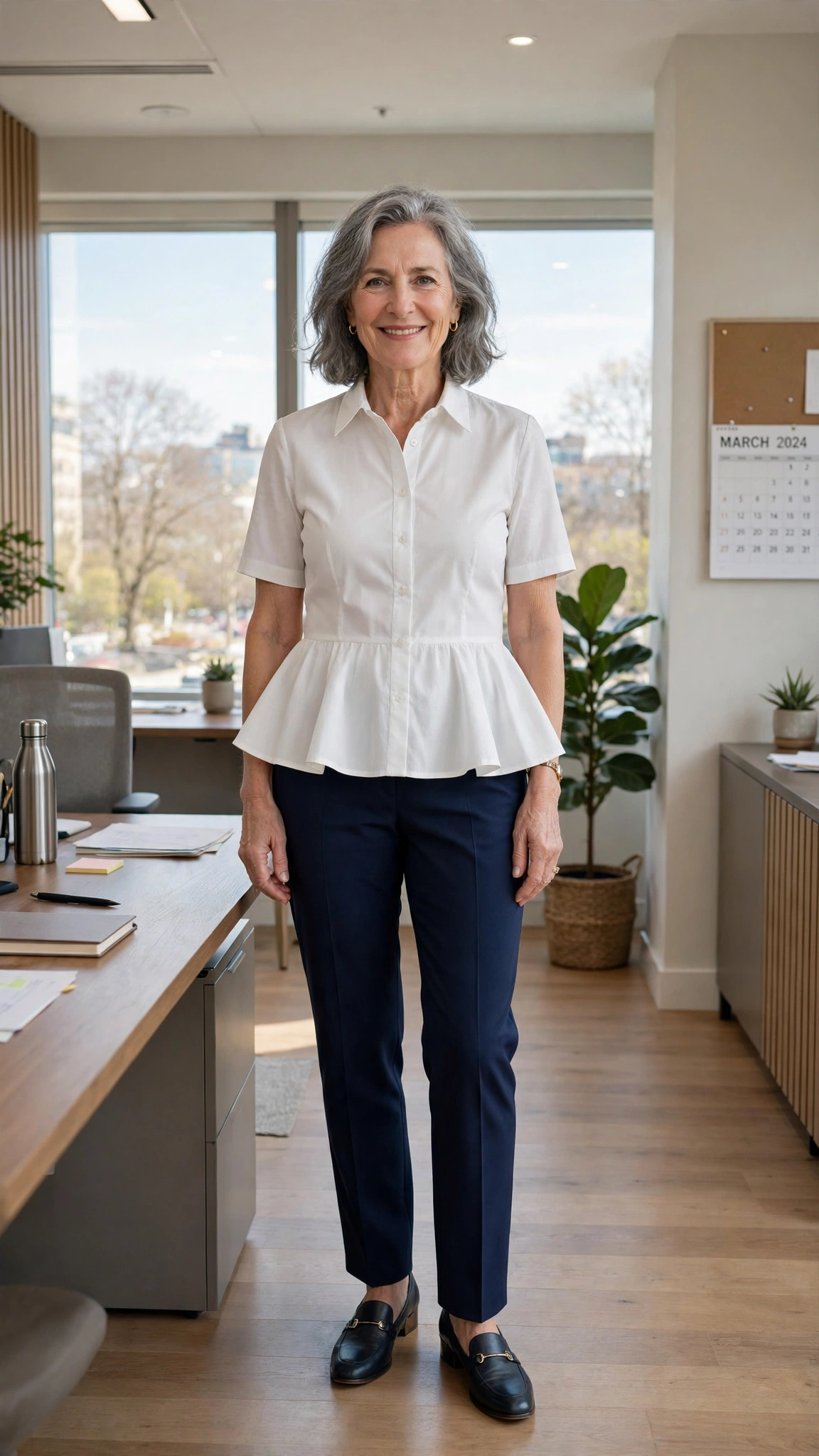 40 Women Over 50 Peplum Blouse and Trouser Outfits for March Office Days That Are Fresh, Chic and Easy to Wear 12 Peplum white blouse with navy trousers