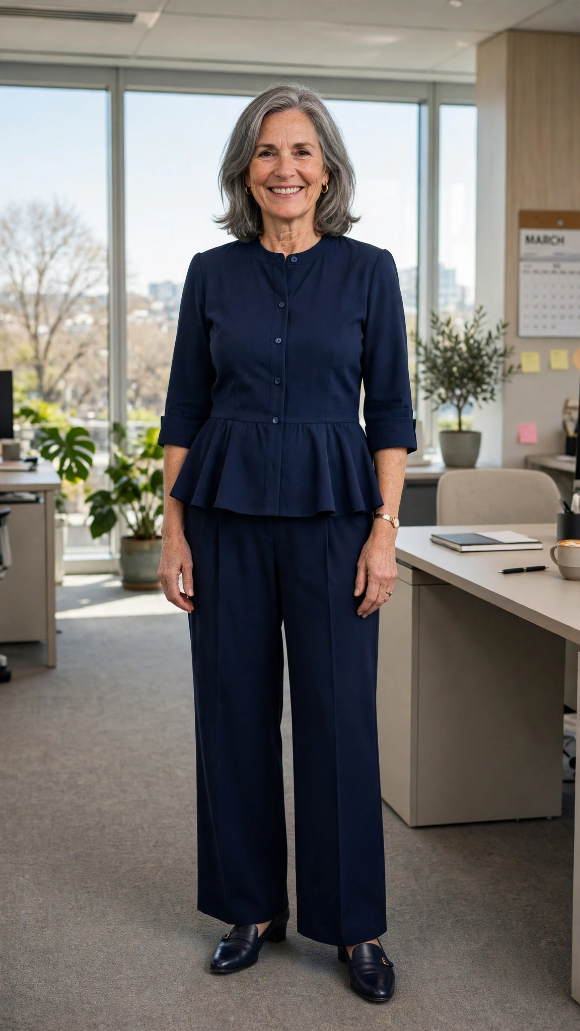 40 Women Over 50 Peplum Blouse and Trouser Outfits for March Office Days That Are Fresh, Chic and Easy to Wear 13 Peplum navy blouse with wide-leg trousers