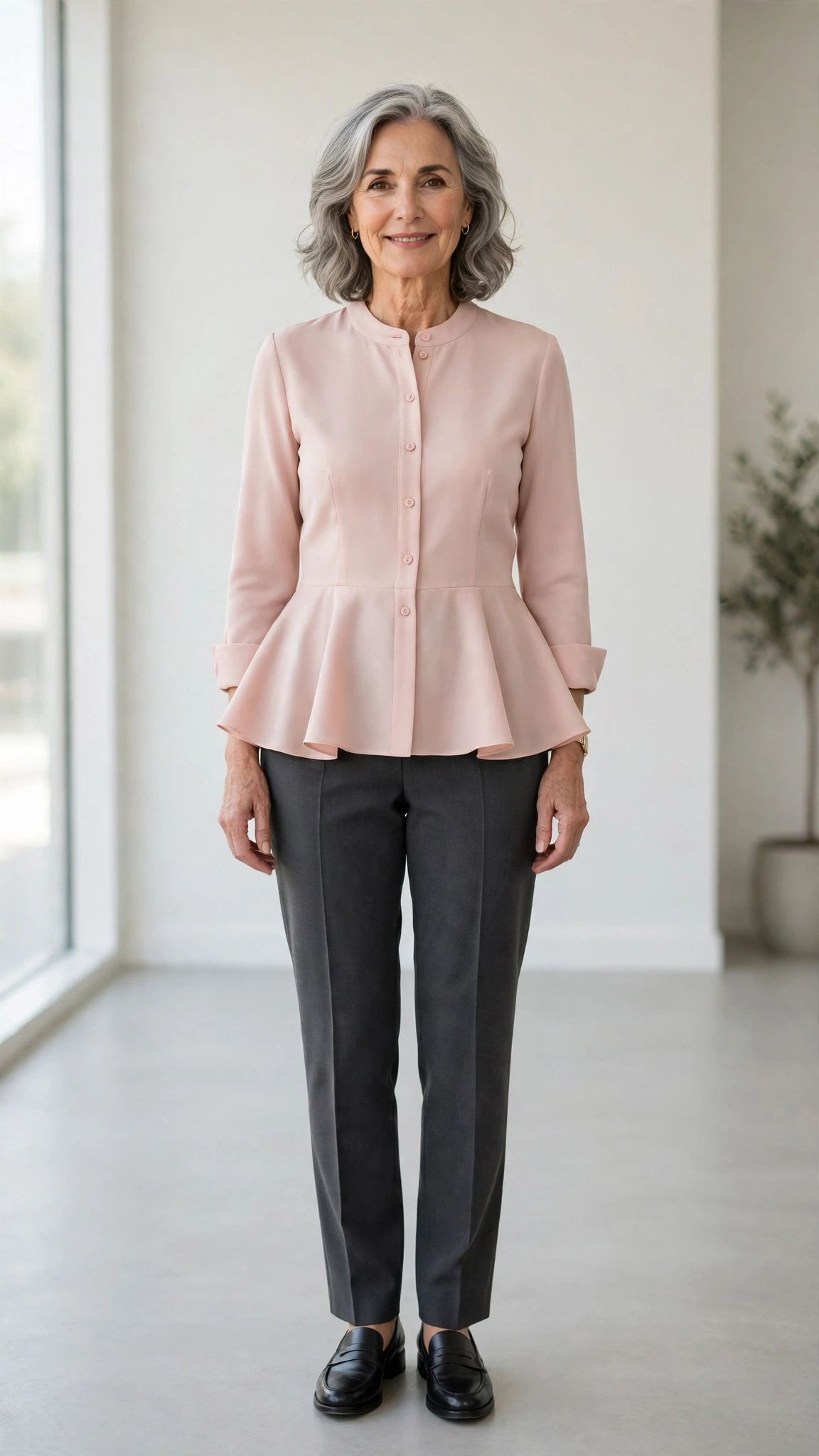 40 Women Over 50 Peplum Blouse and Trouser Outfits for March Office Days That Are Fresh, Chic and Easy to Wear 14 Peplum blush blouse with charcoal trousers