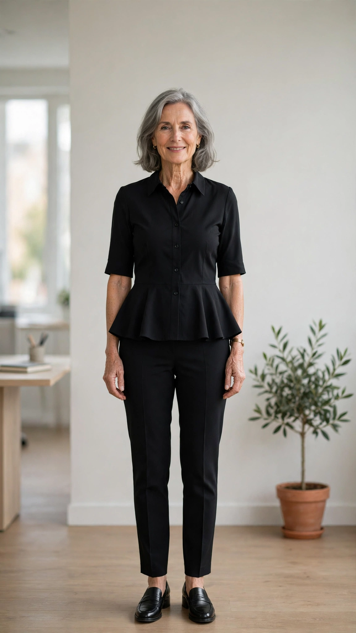40 Women Over 50 Peplum Blouse and Trouser Outfits for March Office Days That Are Fresh, Chic and Easy to Wear 15 Peplum black blouse with black tailored trousers