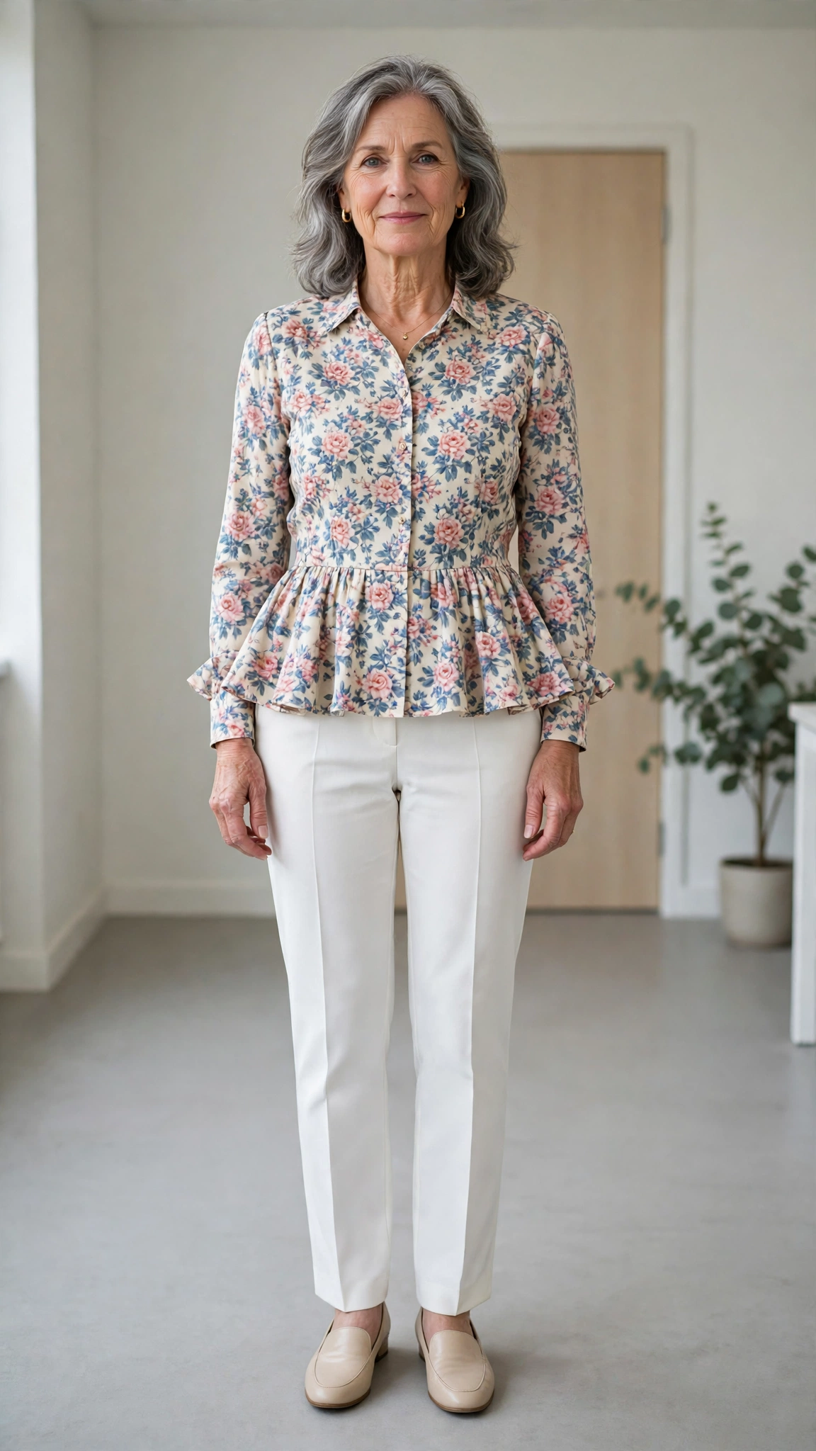 40 Women Over 50 Peplum Blouse and Trouser Outfits for March Office Days That Are Fresh, Chic and Easy to Wear 17 Peplum floral blouse with white trousers