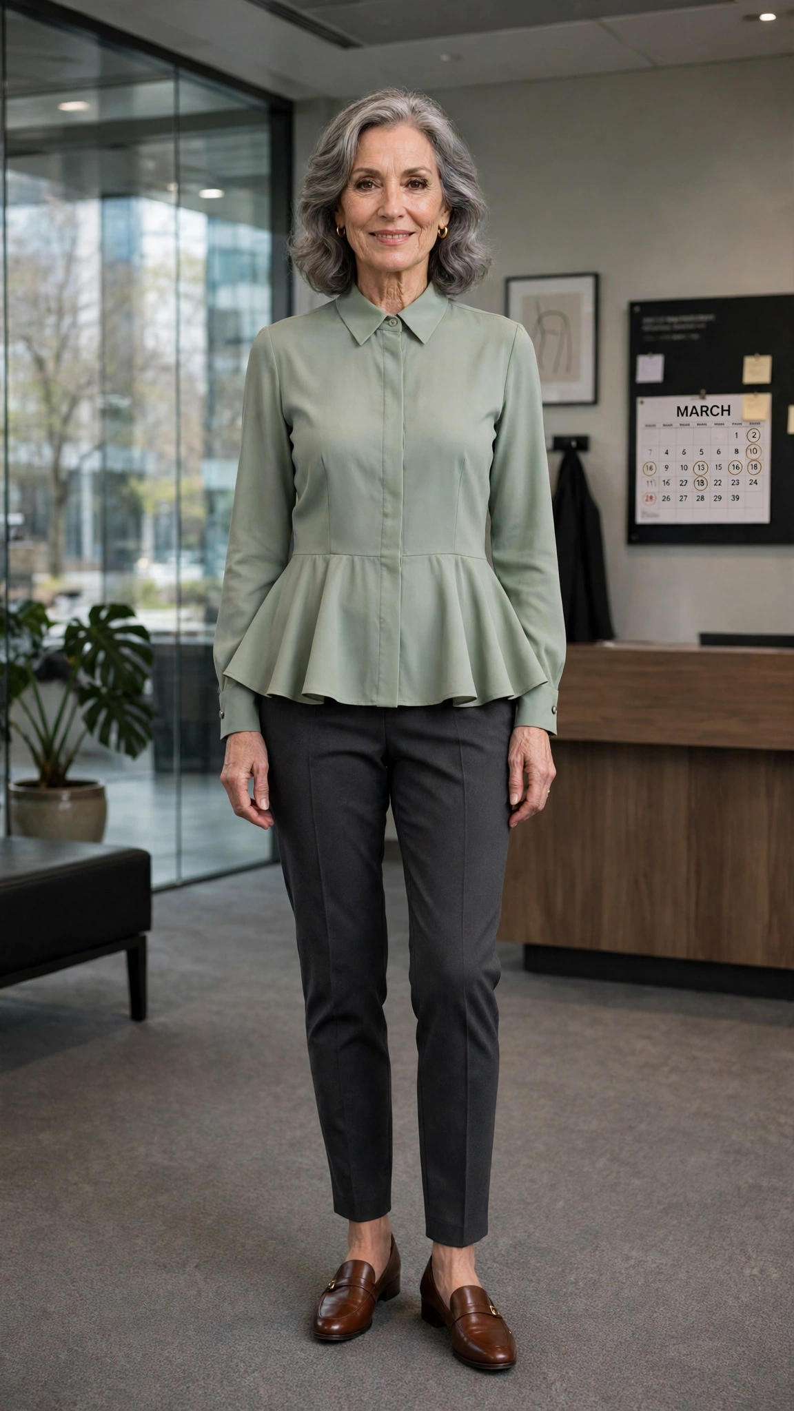 40 Women Over 50 Peplum Blouse and Trouser Outfits for March Office Days That Are Fresh, Chic and Easy to Wear 20 Peplum long-sleeve blouse with tapered trousers