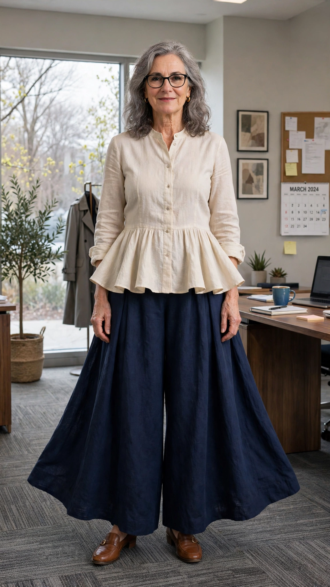 40 Women Over 50 Peplum Blouse and Trouser Outfits for March Office Days That Are Fresh, Chic and Easy to Wear 23 Peplum blouse with wide-leg trousers